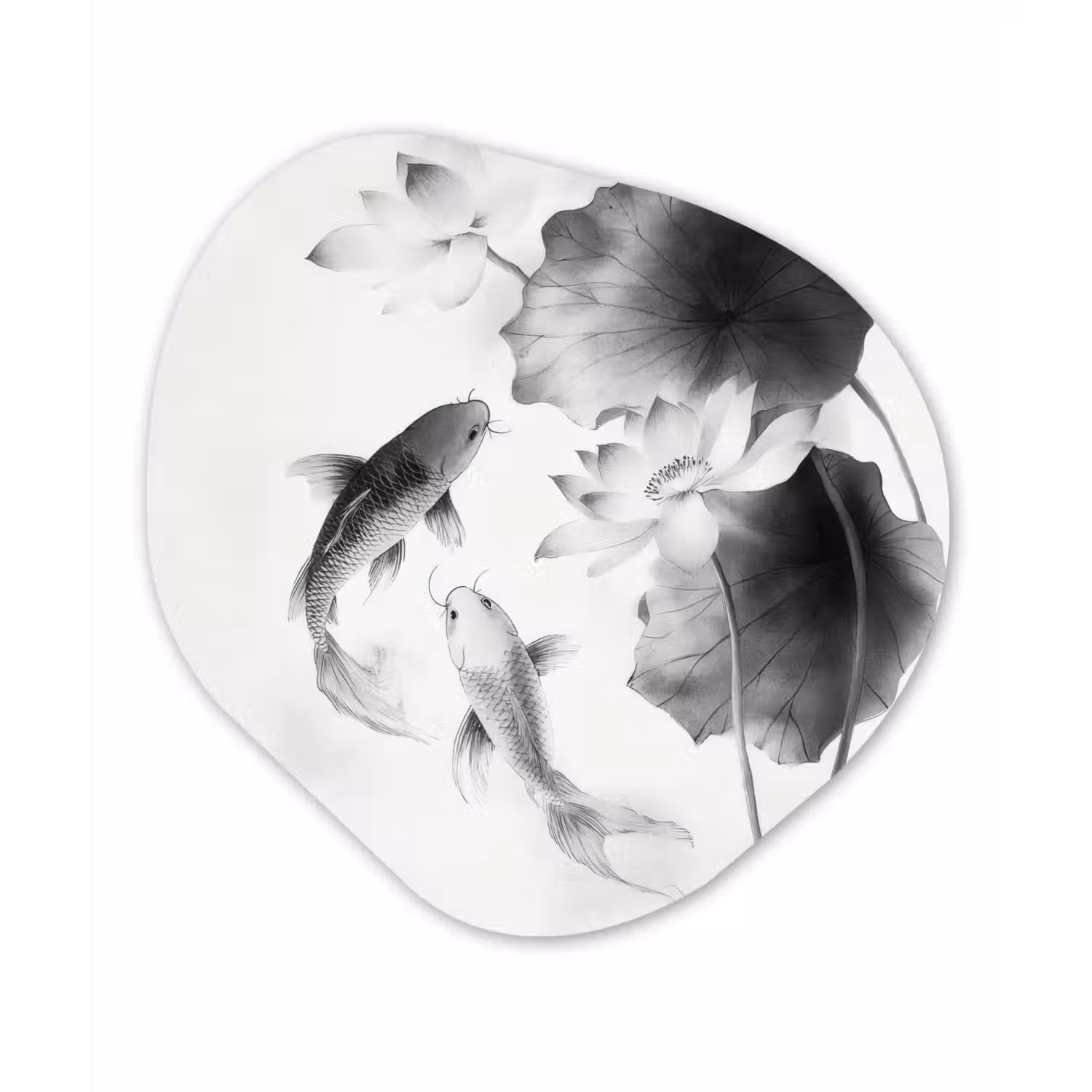 Lotusbloemen - Vissen - Bladeren - Zwart Wandcirkel Organisch Plexiglas middel -3d