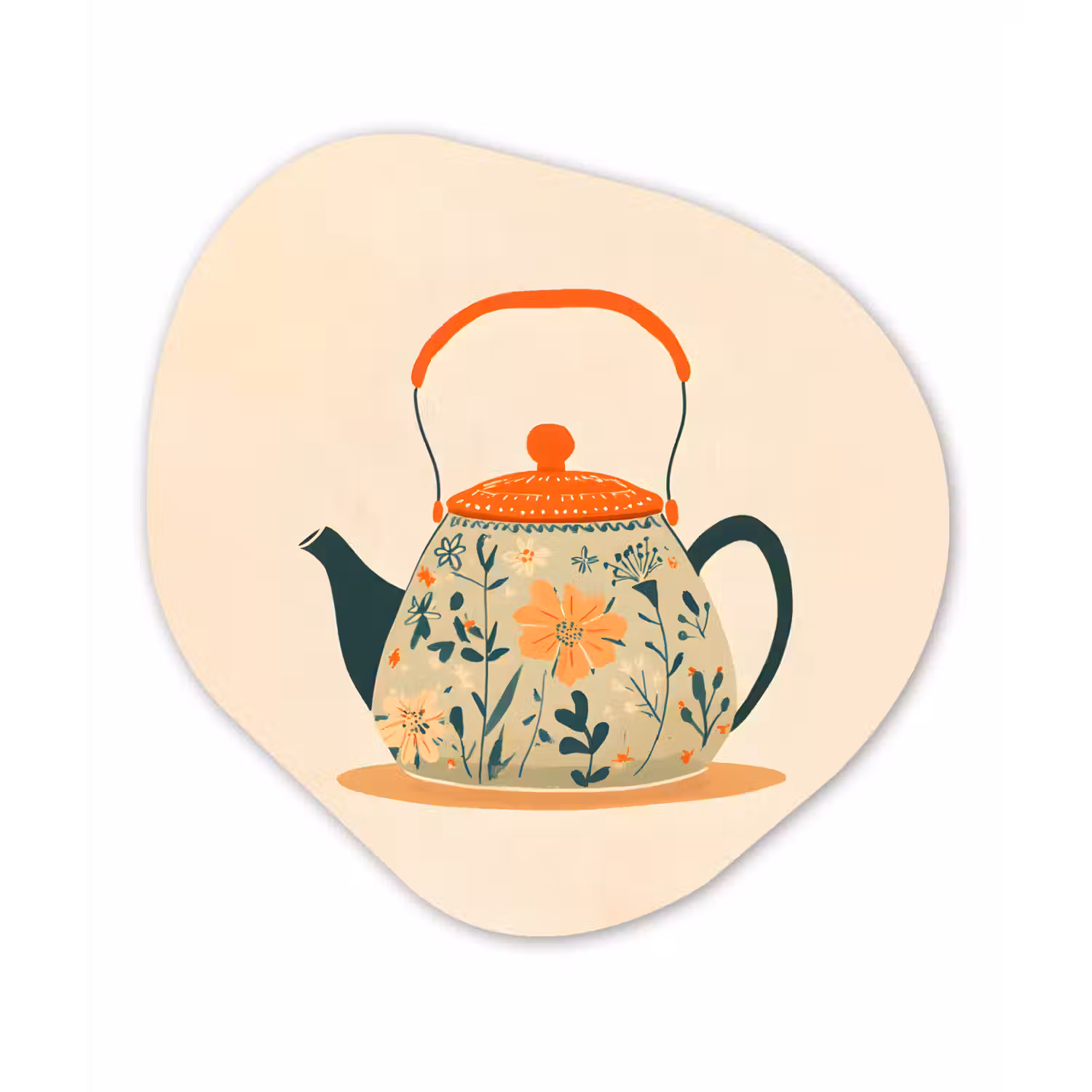 Oranje - Theepot - Bloemen - Bladeren Wandcirkel Organisch Plexiglas middel -3d