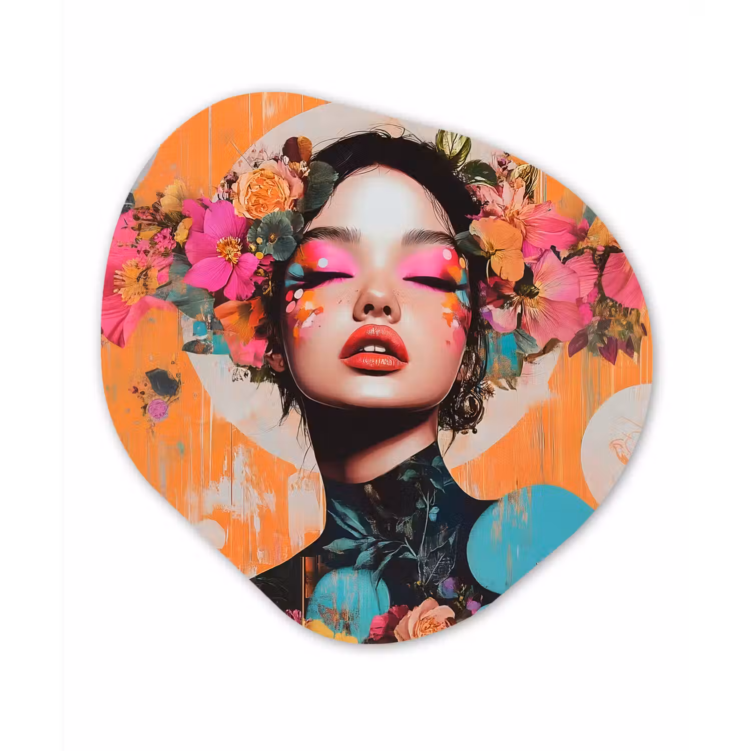Portret - Vrouw - Abstract - Bloemen Wandcirkel Organisch Plexiglas middel -3d