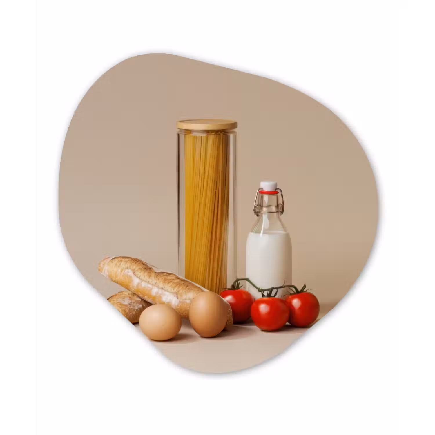 Spaghetti - Melk - Tomaten - Eieren - Brood Wandcirkel Organisch Plexiglas middel -3d