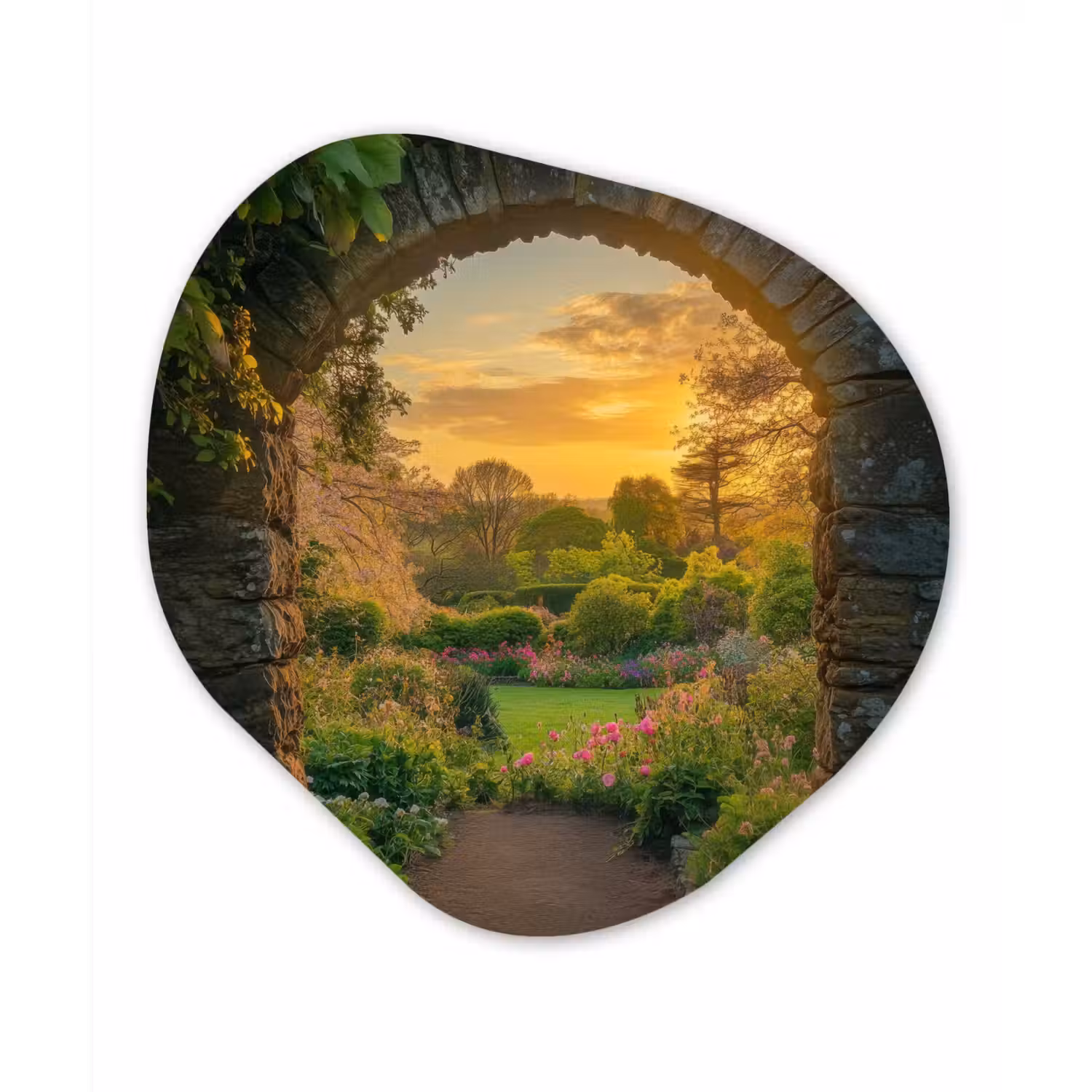 Poort - Planten - Zonsondergang Wandcirkel Organisch Plexiglas middel -3d