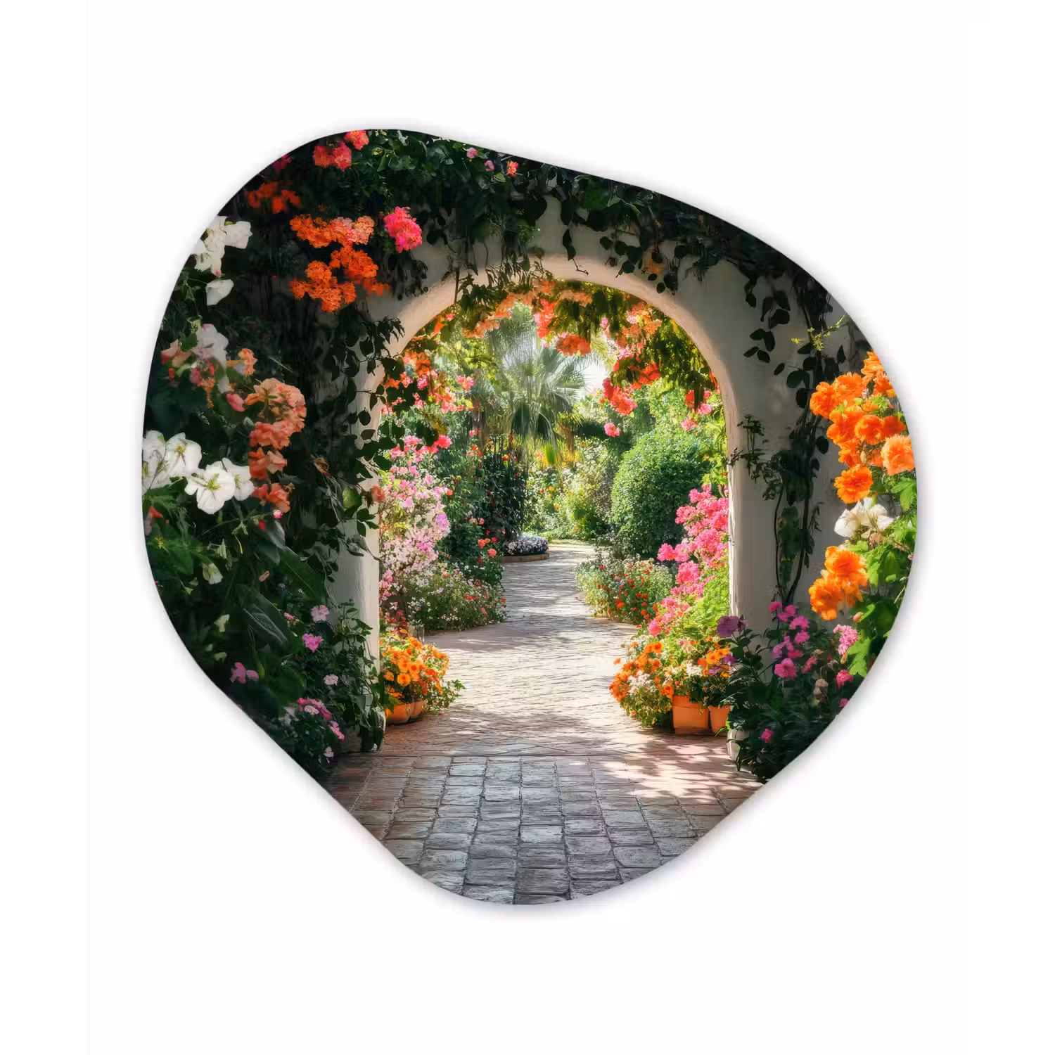 Doorkijk - Bloemen - Natuur - Bloementuin Wandcirkel Organisch Plexiglas middel -3d