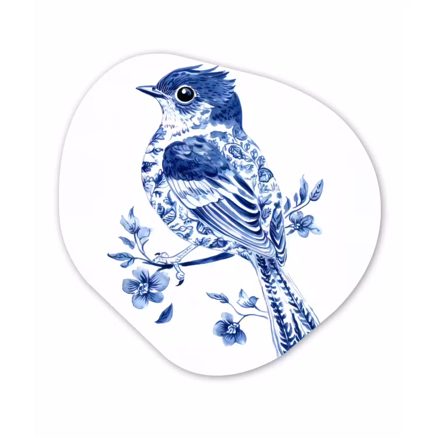 Vogel - Delfts blauw - Illustratie - Bloemen Wandcirkel Organisch Plexiglas middel -3d