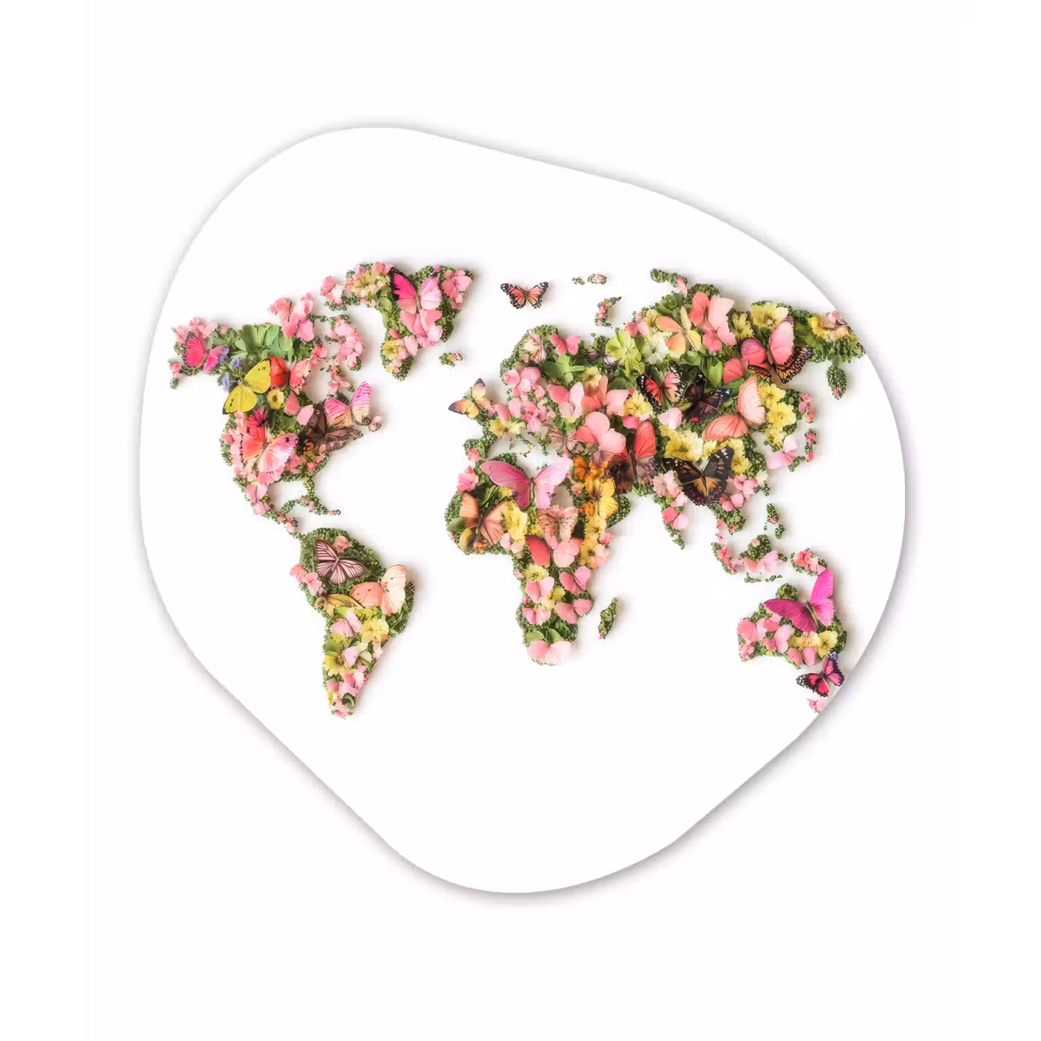 Wereldkaart - Bloemen - Felgekleurd Wandcirkel Organisch Plexiglas middel -3d