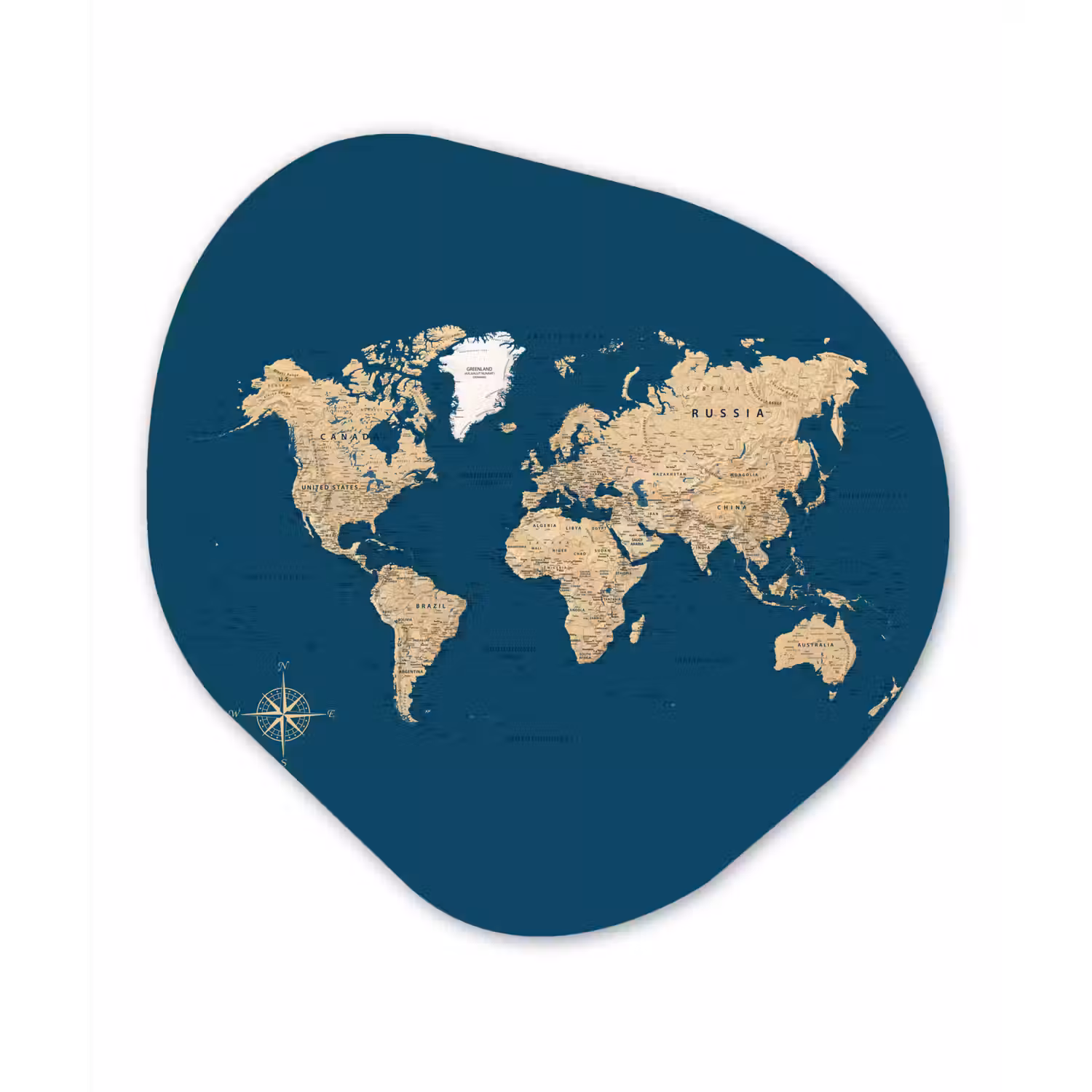 Wereldkaart - Donkerblauw - Beige Wandcirkel Organisch Plexiglas middel -3d