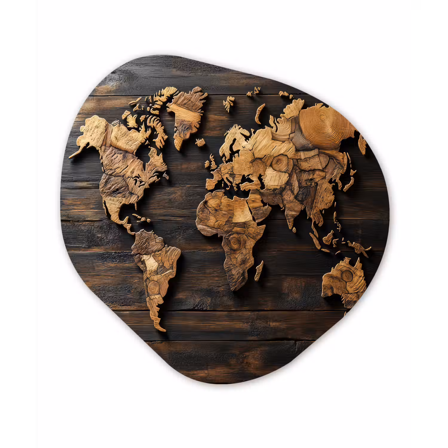 Wereldkaart - Hout - Mozaïek Wandcirkel Organisch Plexiglas middel -3d