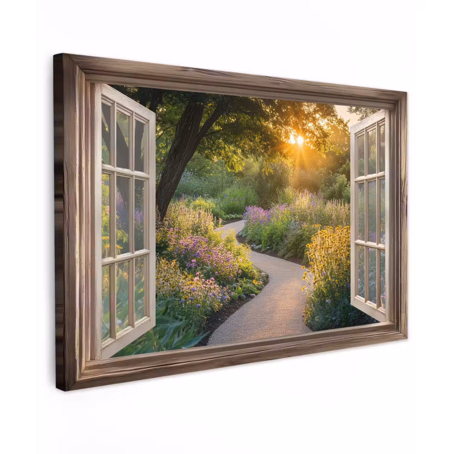 Doorkijk - Bloemen - Natuur - Zon - Pad Tuinposter op houten frame 2 cm dik klein -3d