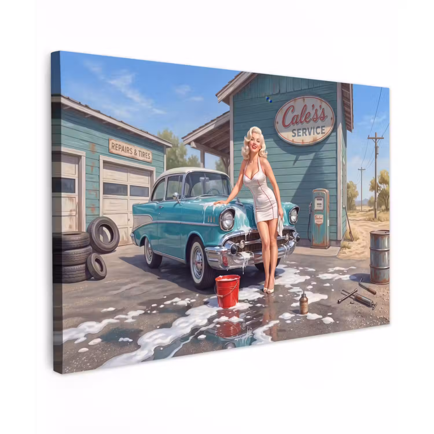Auto - Vrouw - Groen Tuinposter op houten frame 2 cm dik klein -3d