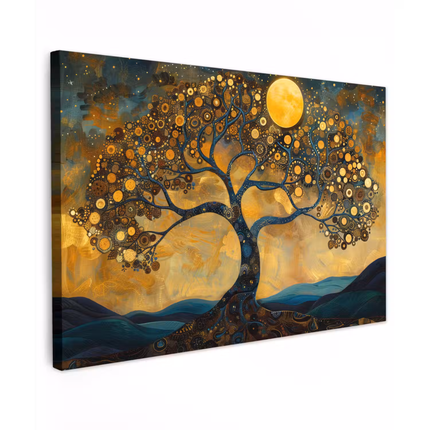 Boom - Maan - Bloemen - Goud - Kunst Tuinposter op houten frame 2 cm dik klein -3d