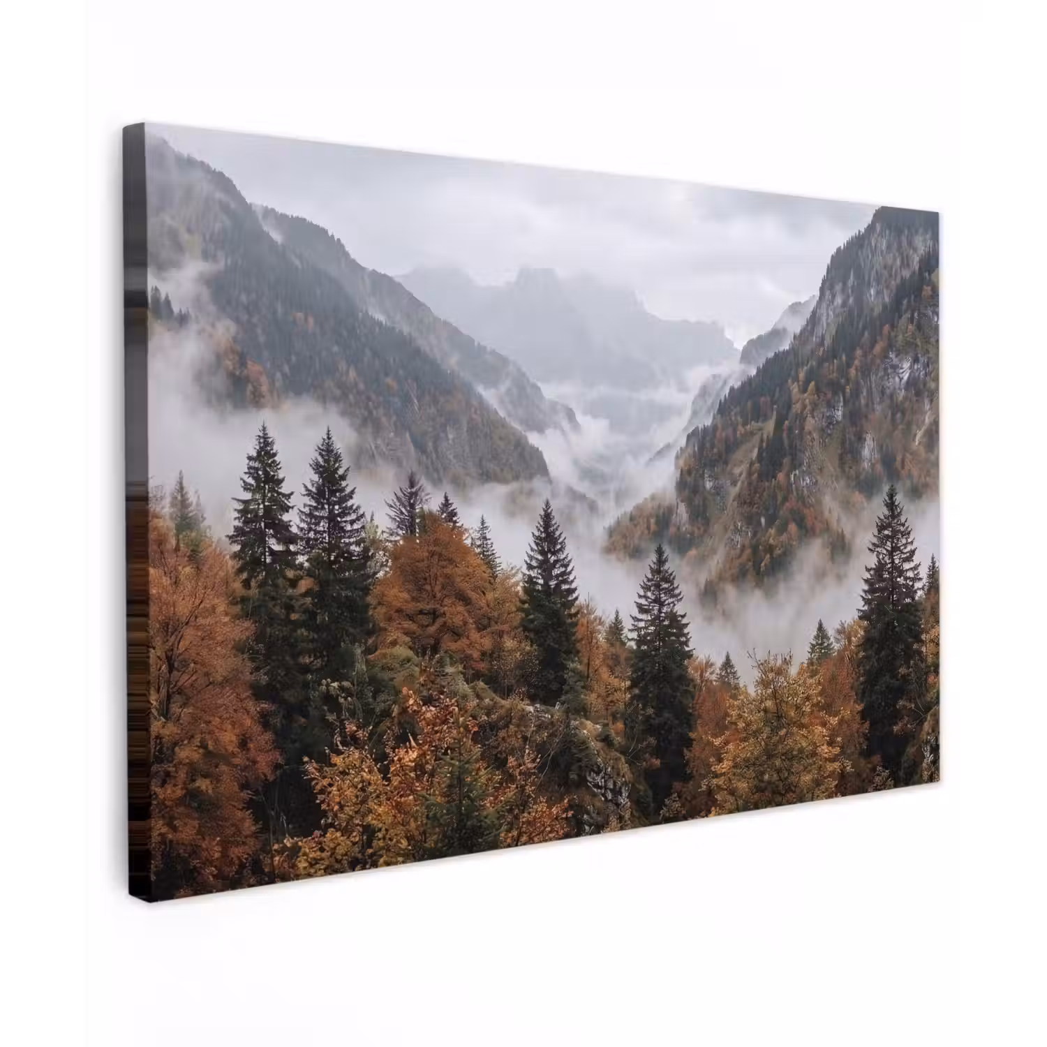 Bergen - Vallei - Mist - Herfst - Natuur Tuinposter op houten frame 2 cm dik klein -3d