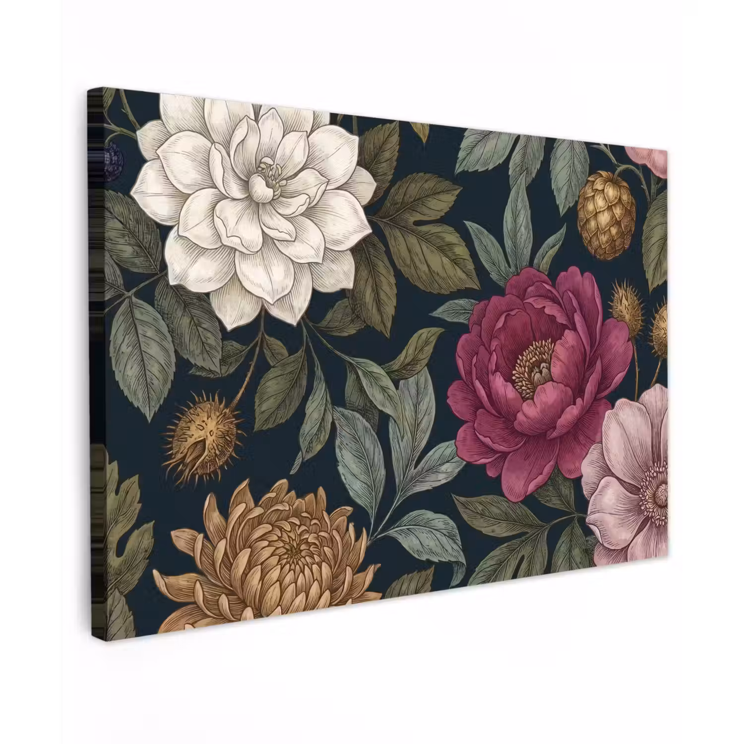Bloemen - Botanisch - Illustratie - Donker - Vintage Tuinposter op houten frame 2 cm dik klein -3d
