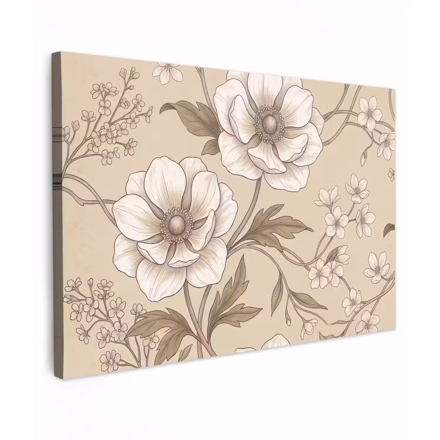 Bloemen - Patroon - Beige Tuinposter op houten frame 2 cm dik klein -3d