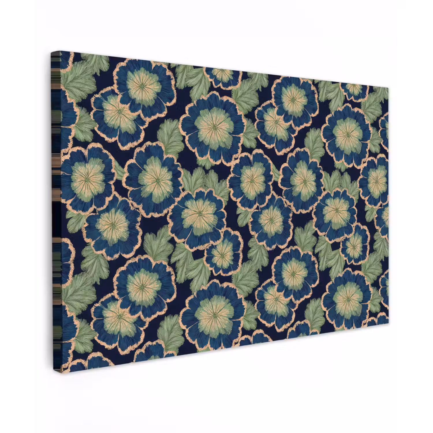 Bloemen - Borduurwerk - Patroon - Blauw - Groen Tuinposter op houten frame 2 cm dik klein 845 -3d