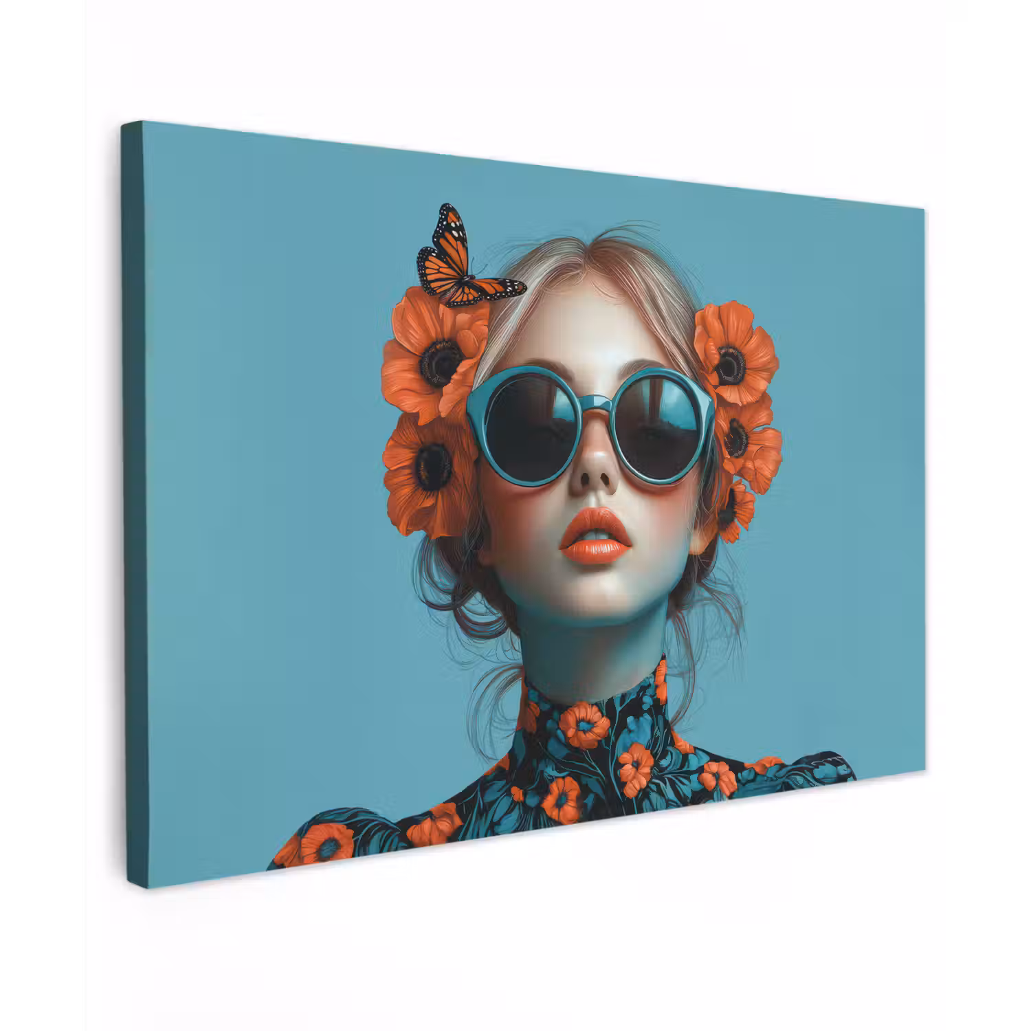 Vrouw - Blauw - Vlinder - Bloemen - Aesthetic Tuinposter op houten frame 2 cm dik klein -3d