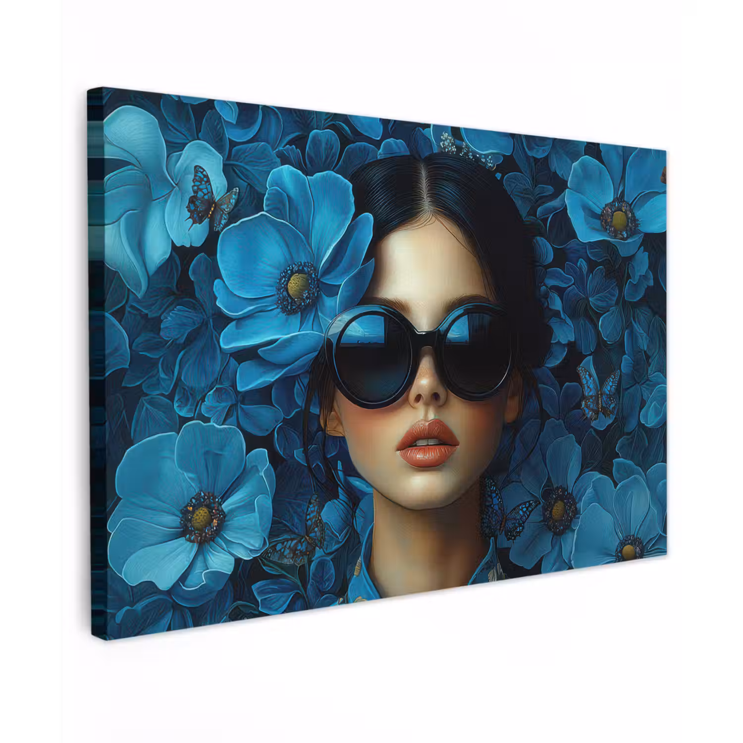 Vrouw - Bloemen - Blauw - Aesthetic - Luxe Tuinposter op houten frame 2 cm dik klein -3d