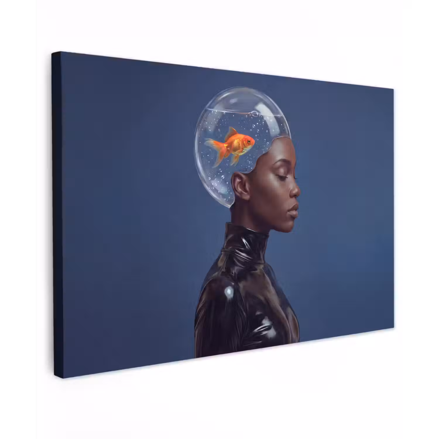 Vrouw - Goudvis - Hoofd - Abstract - Blauw Tuinposter op houten frame 2 cm dik klein -3d