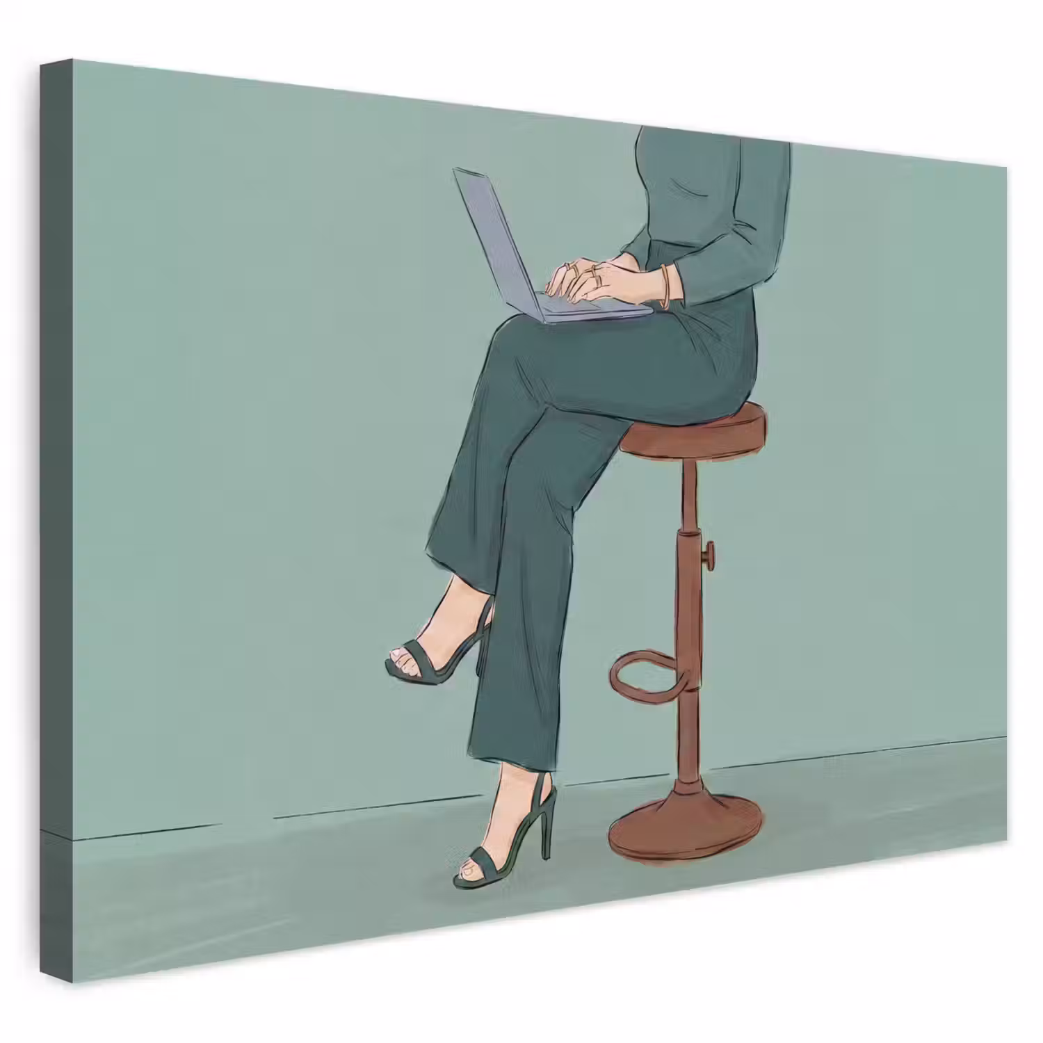 Vrouw - Laptop - Zittend - Illustratie - Groen Tuinposter op houten frame 2 cm dik klein -3d