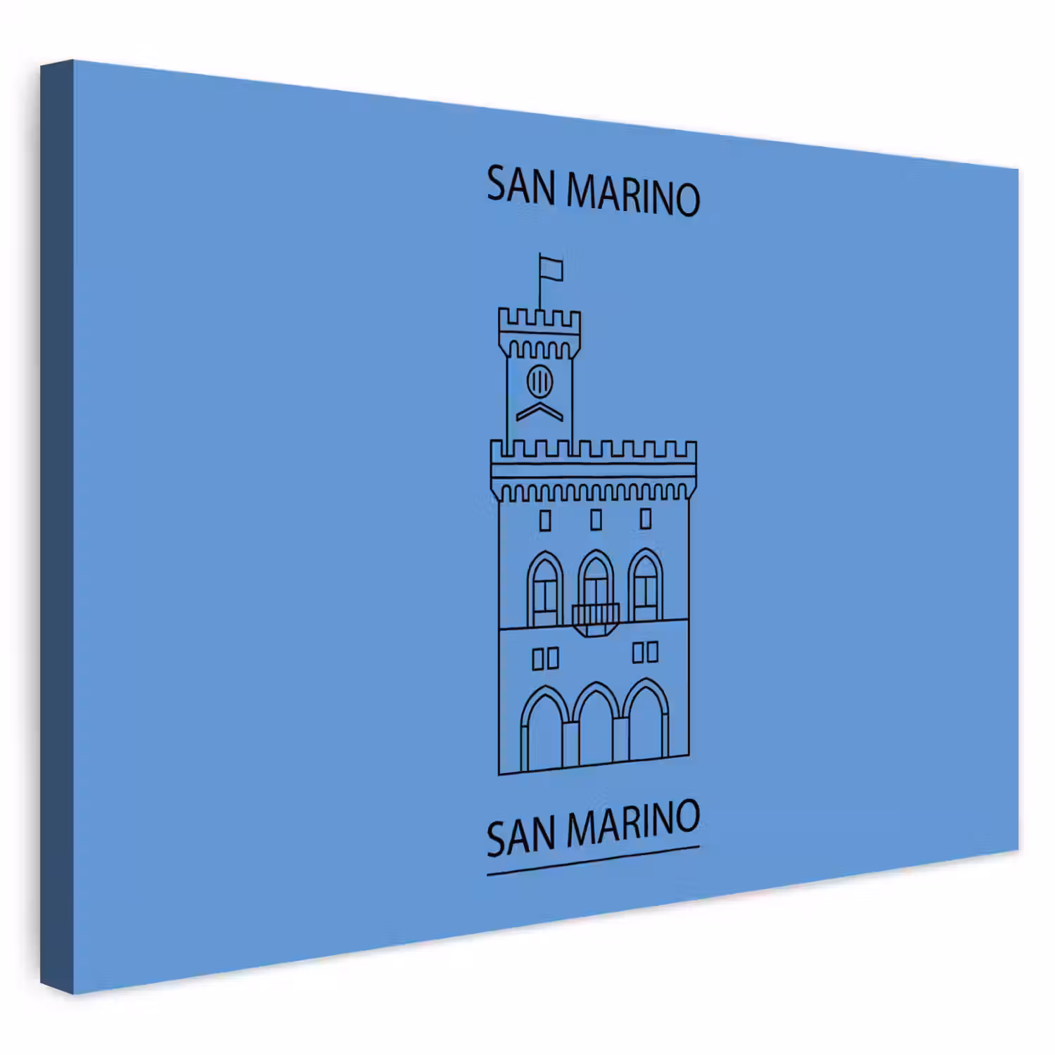 Gebouw - San Marino - Architectuur - Lijntekening - Blauw Tuinposter op houten frame 2 cm dik klein -3d