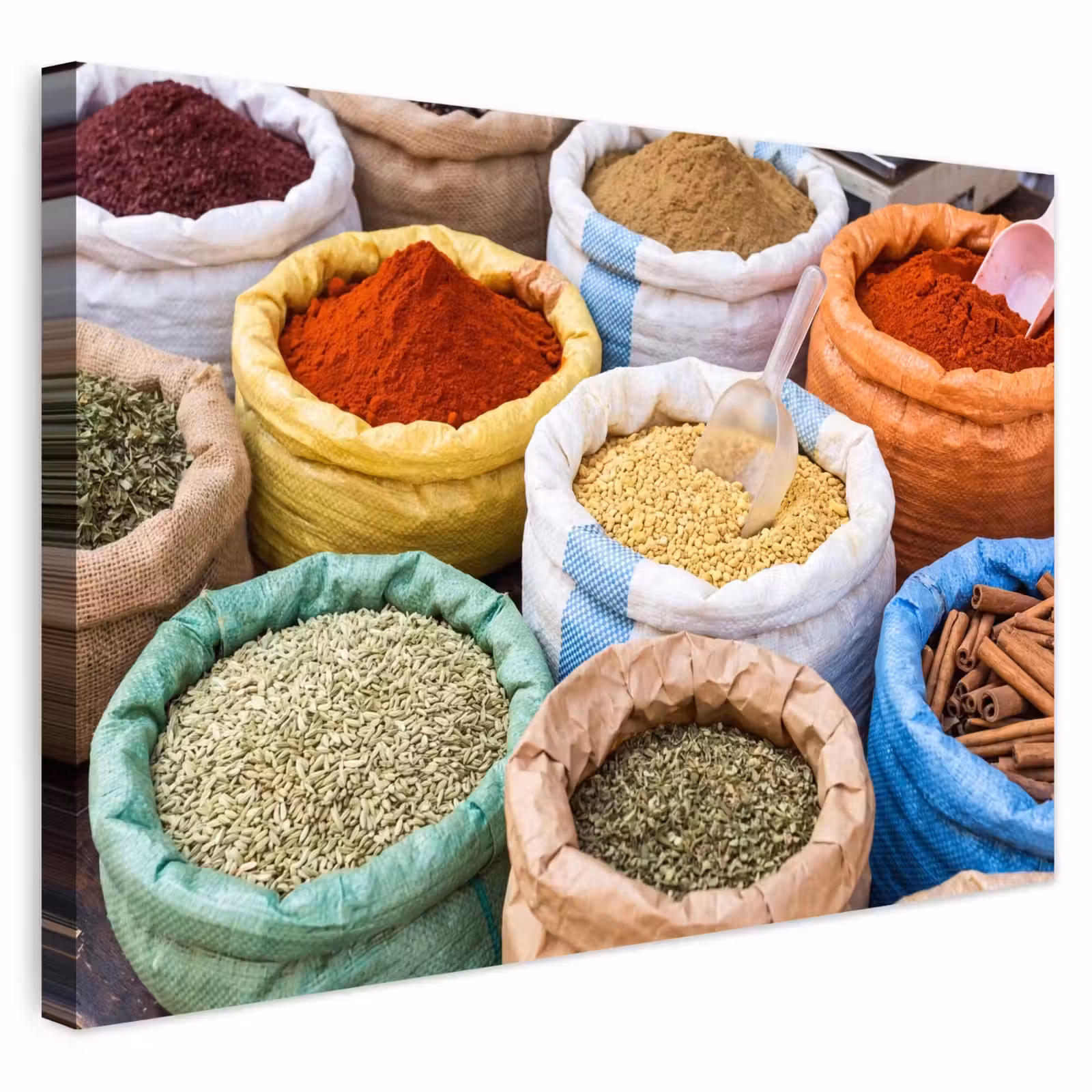 Outdoor Leinwand - Gewürze – Beutel – Markt - Kruiden - Zakken - Markt Tuinposter op houten frame 2 cm dik klein