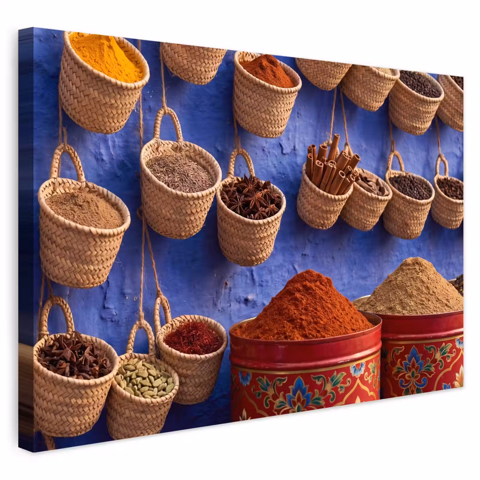 Outdoor Leinwand - Gewürze – Körbe – Markt - Kruiden - Manden - Markt Tuinposter op houten frame 2 cm dik klein