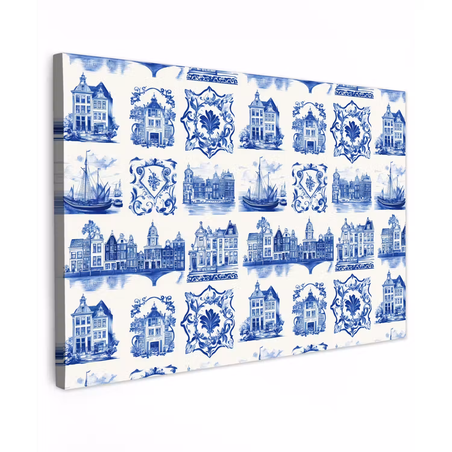 Huizen - Schepen - Blauw Tuinposter op houten frame 2 cm dik klein 845 -3d