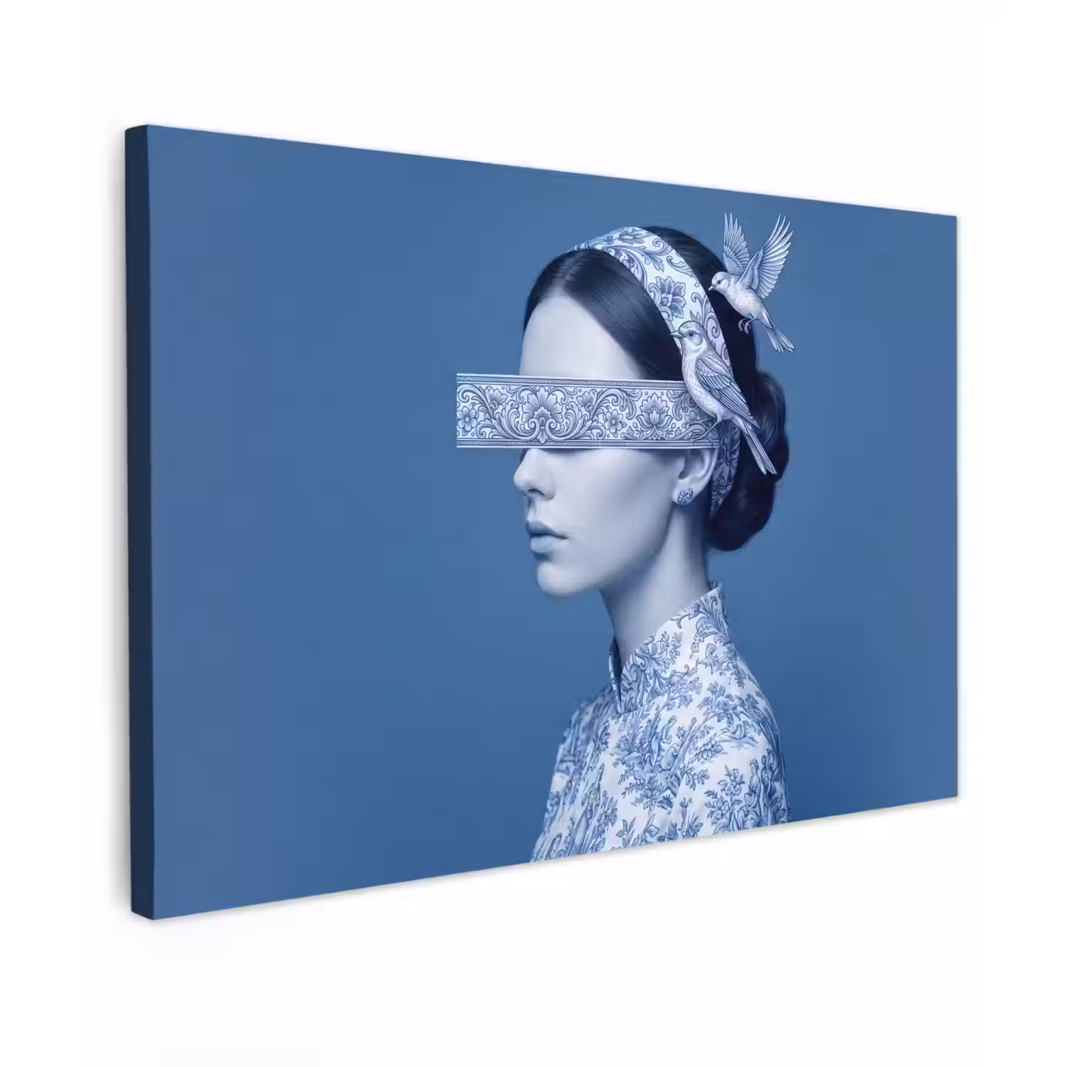 Portret - Klassiek - Wit - Blauw Tuinposter op houten frame 2 cm dik klein -3d