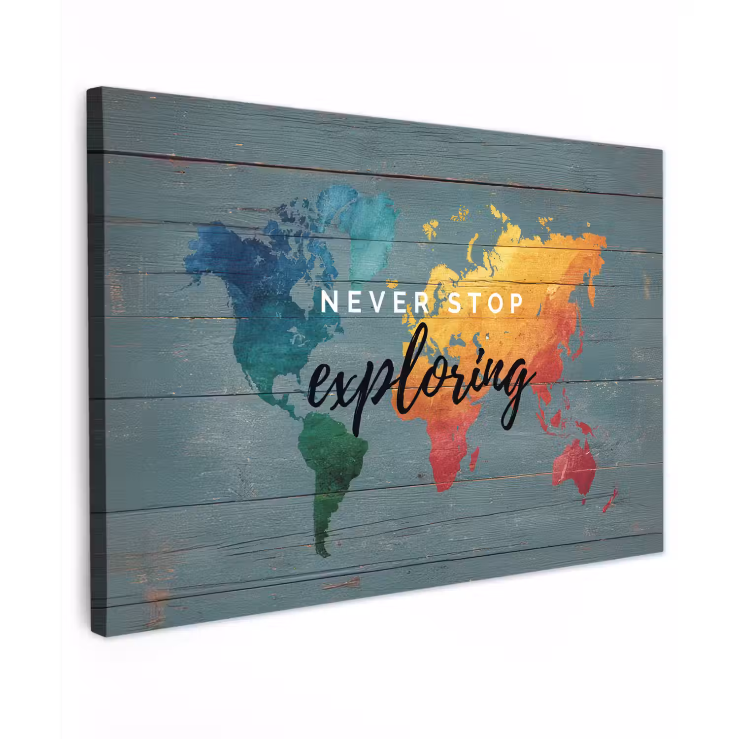 Hout - Wereldkaart - Regenboog - Exploring Tuinposter op houten frame 2 cm dik klein -3d