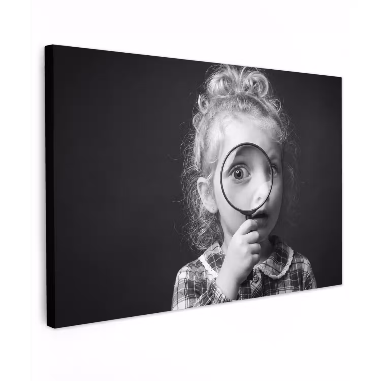 Kind - Vergrootglas - Portret - Zwart-wit Tuinposter op houten frame 2 cm dik klein -3d