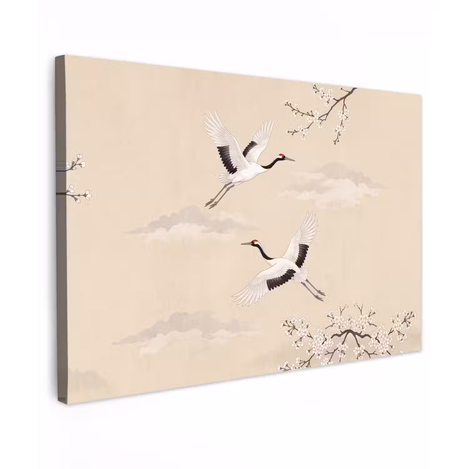 Kraanvogels - Bloesem - Beige Tuinposter op houten frame 2 cm dik klein -3d