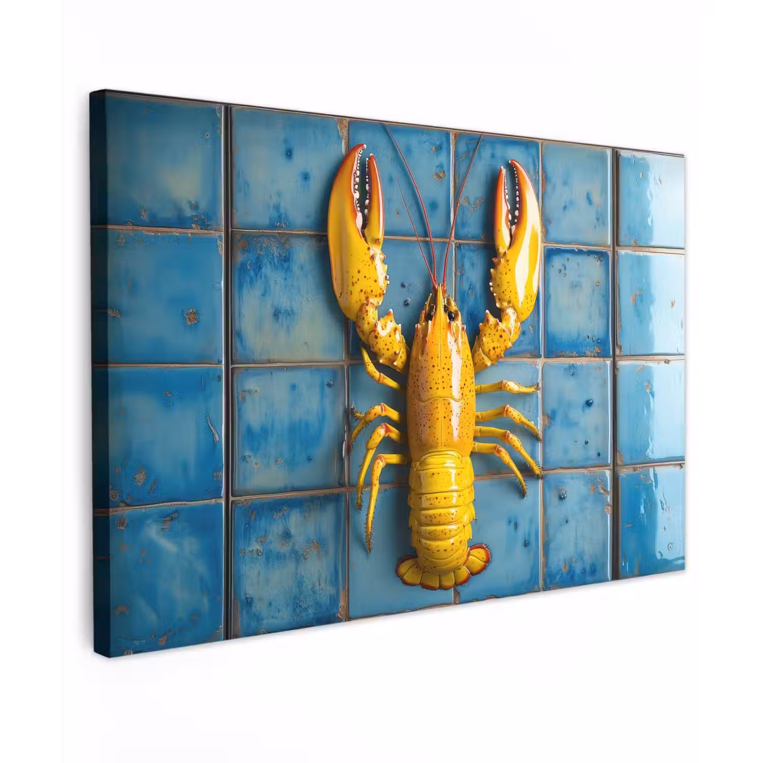 Kreeft - Geel - Blauw - Tegels Tuinposter op houten frame 2 cm dik klein -3d