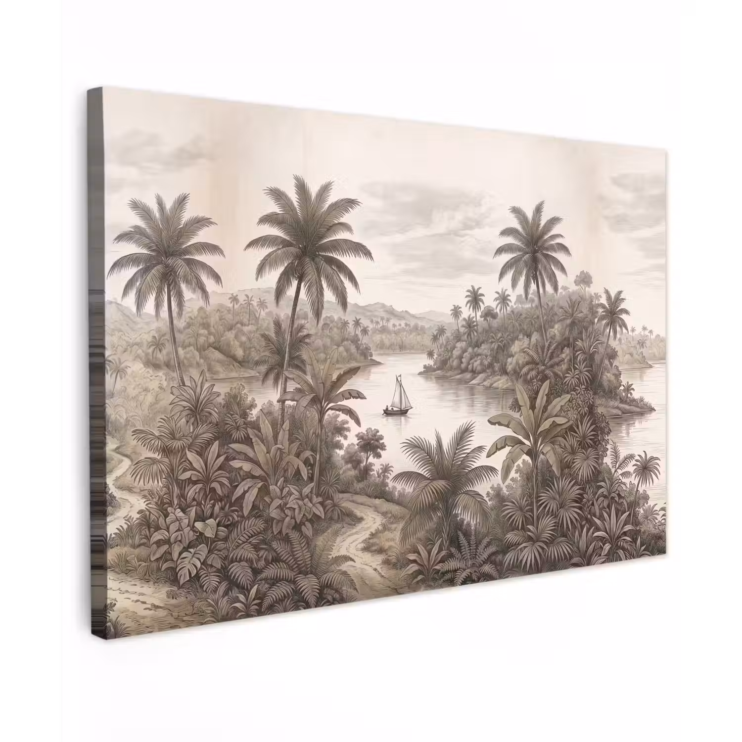 Landschap - Rivier - Boot - Tropisch - Vintage Tuinposter op houten frame 2 cm dik klein -3d