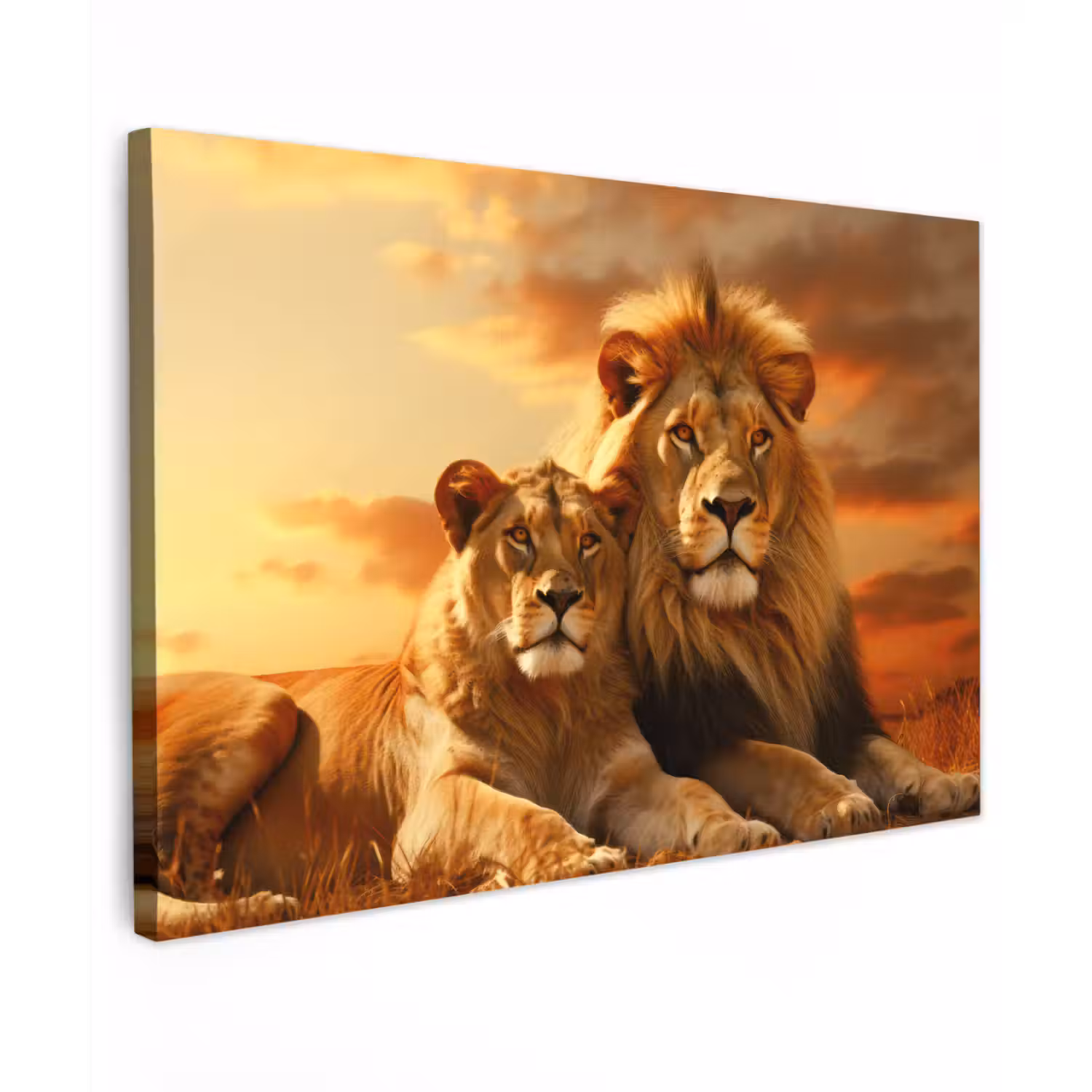 Leeuwen - Zonsondergang - Afrika - Savanne - Dieren Tuinposter op houten frame 2 cm dik klein -3d