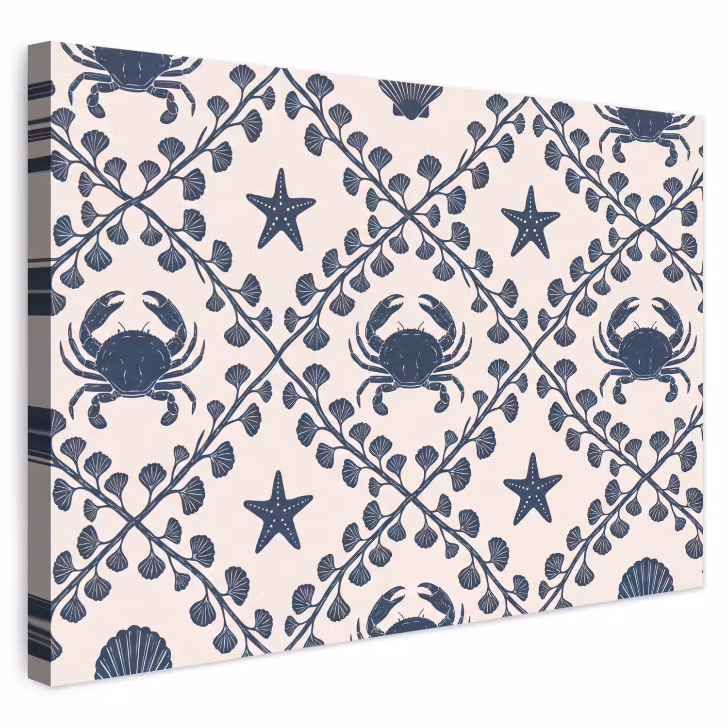 Zee - Krab - Zeester - Patroon - Blauw Tuinposter op houten frame 2 cm dik klein -3d