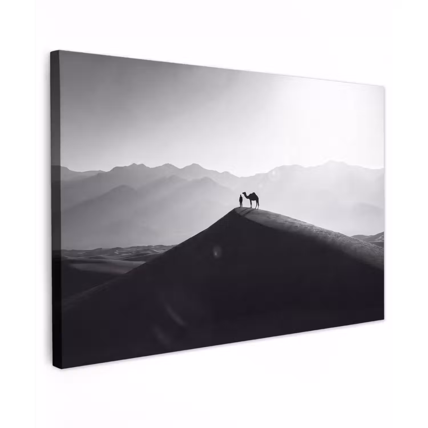 Mens - Kameel - Zandduin - Natuur - Monochroom Tuinposter op houten frame 2 cm dik klein -3d