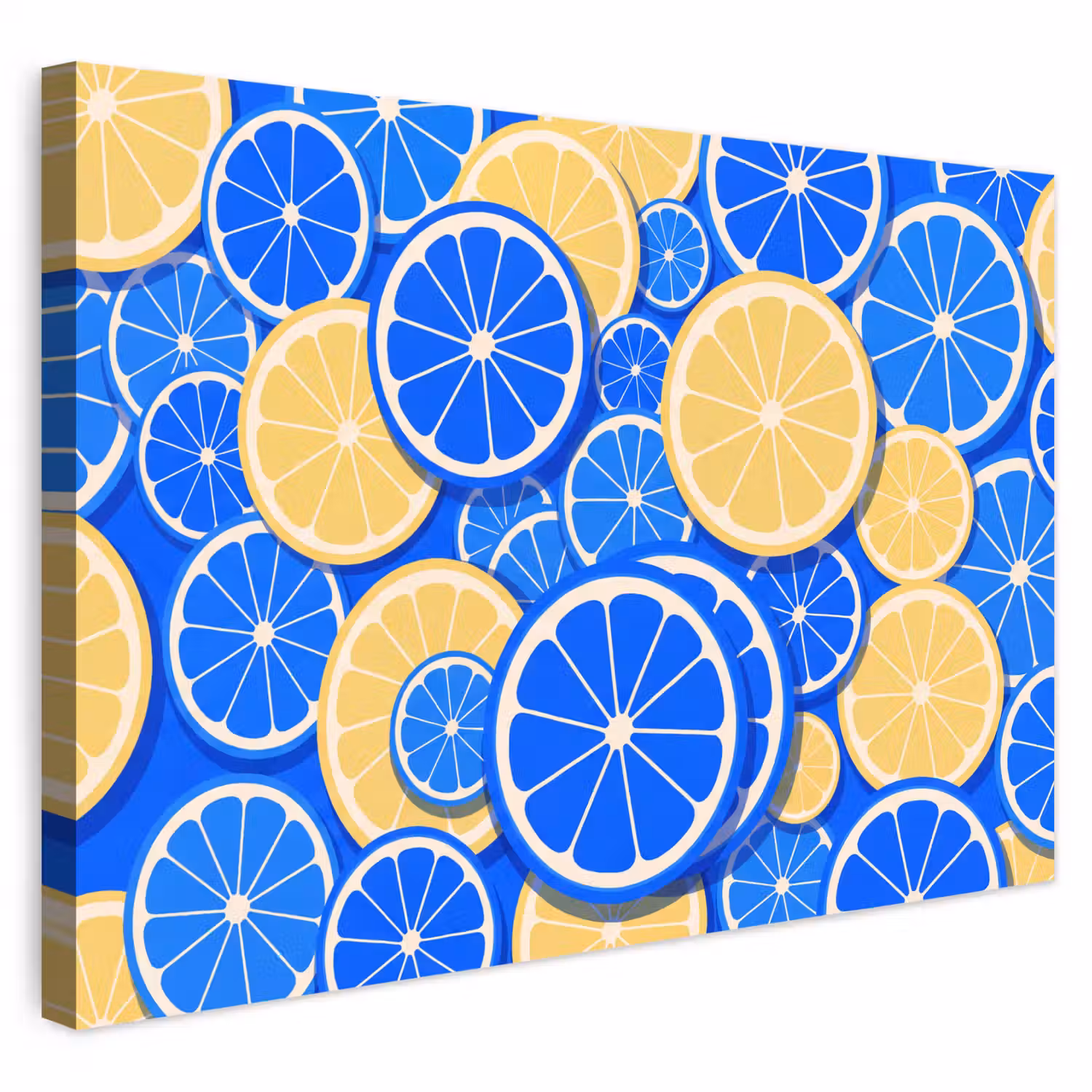 Fruit - Schijven - Patroon - Modern - Blauw - Geel Tuinposter op houten frame 2 cm dik klein -3d