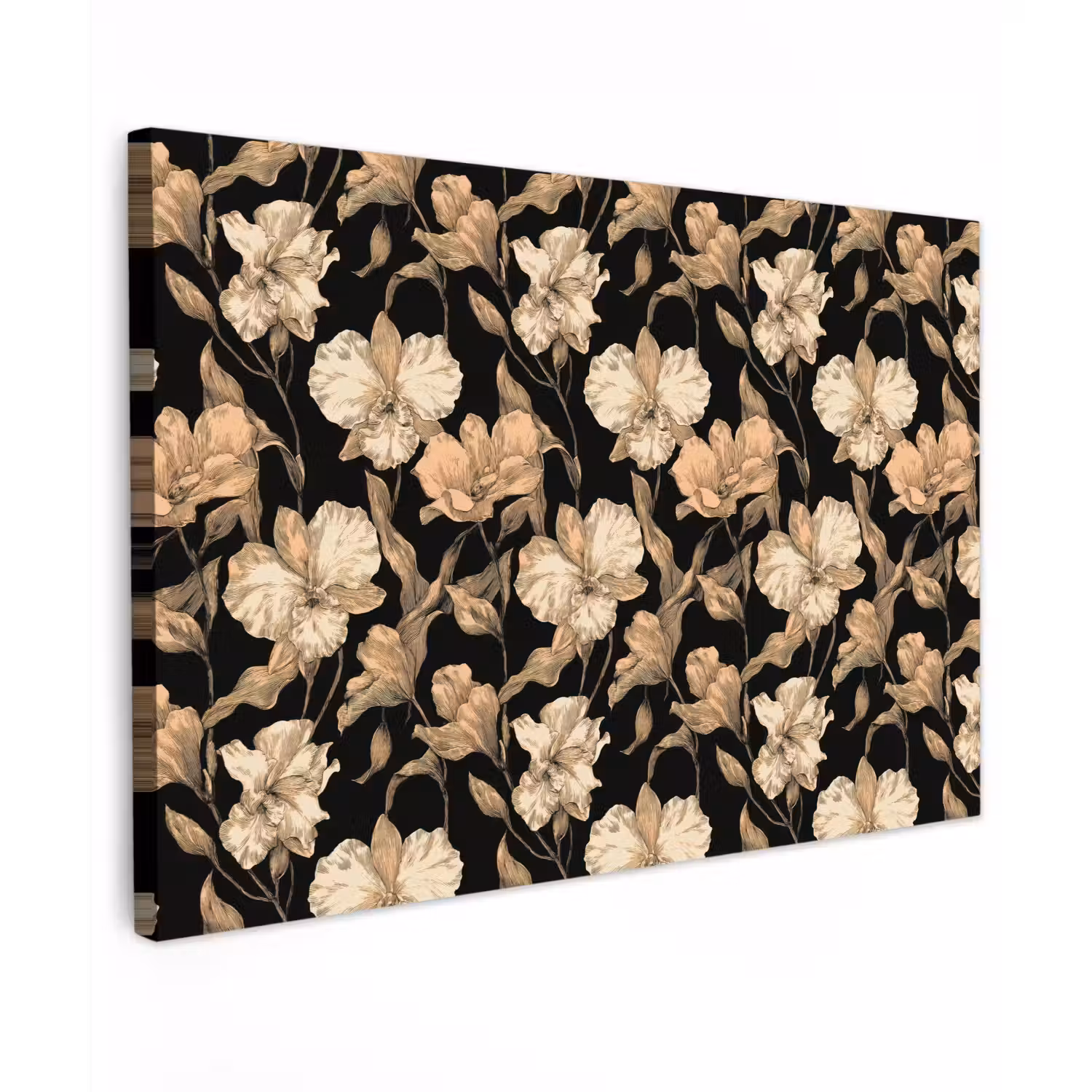 Orchideeën - Lijntekening - Patroon - Beige - Zwart Tuinposter op houten frame 2 cm dik klein 845 -3d