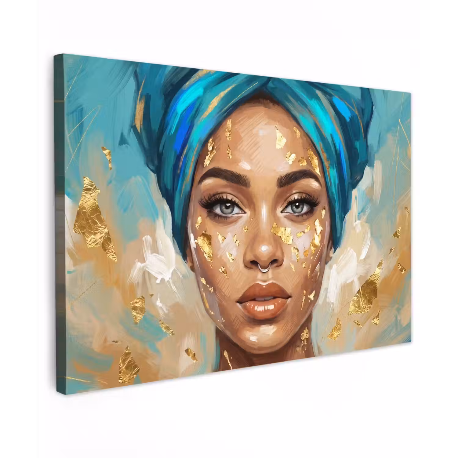Portret - Vrouw - Schilderij - Blauw - Goud - Expressief Tuinposter op houten frame 2 cm dik klein -3d