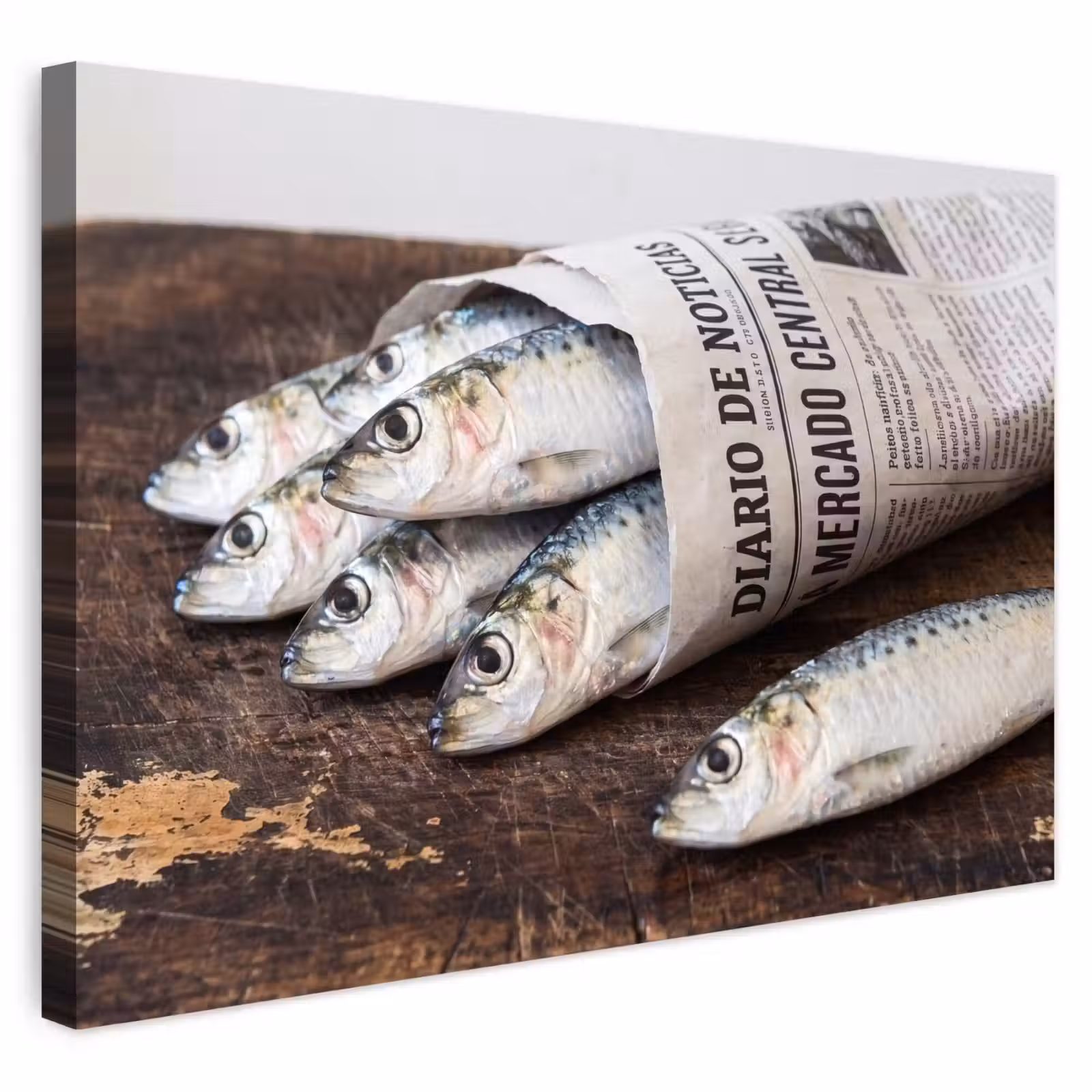 Outdoor Leinwand - Sardine – Zeitung – Schneidebrett - Sardientje - krant - snijplank Tuinposter op houten frame 2 cm dik klein