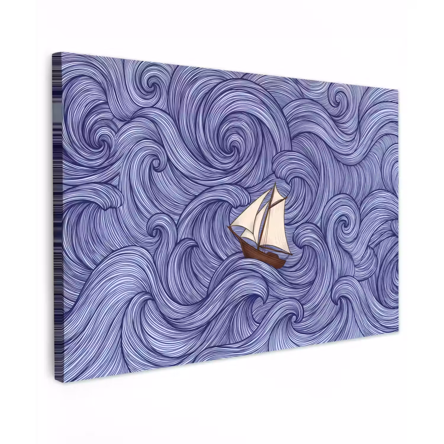 Schip - Golven - Zee - Illustratie - Blauw Tuinposter op houten frame 2 cm dik klein -3d