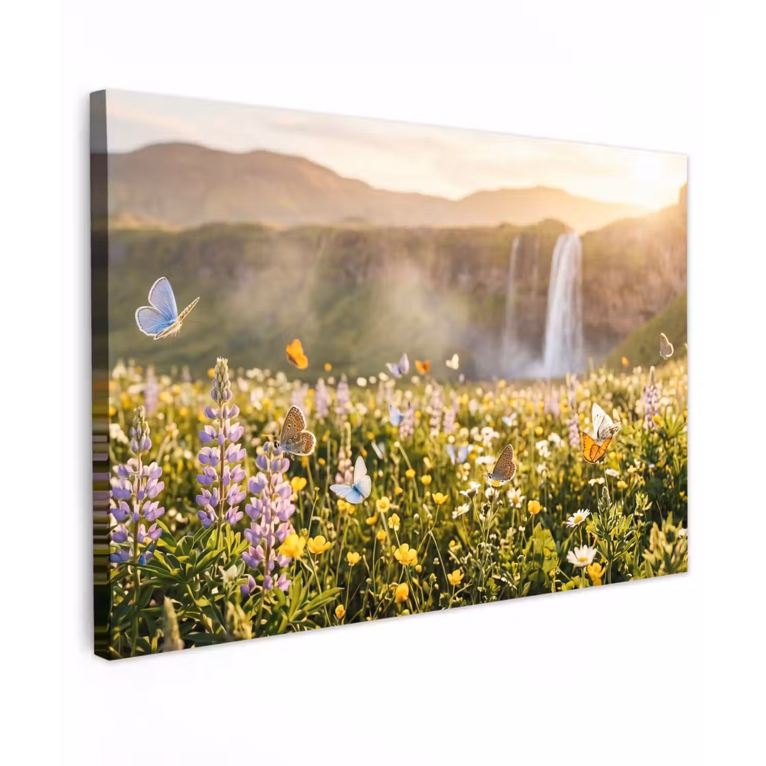 Vlinders - Waterval - Bloemenveld Tuinposter op houten frame 2 cm dik klein -3d