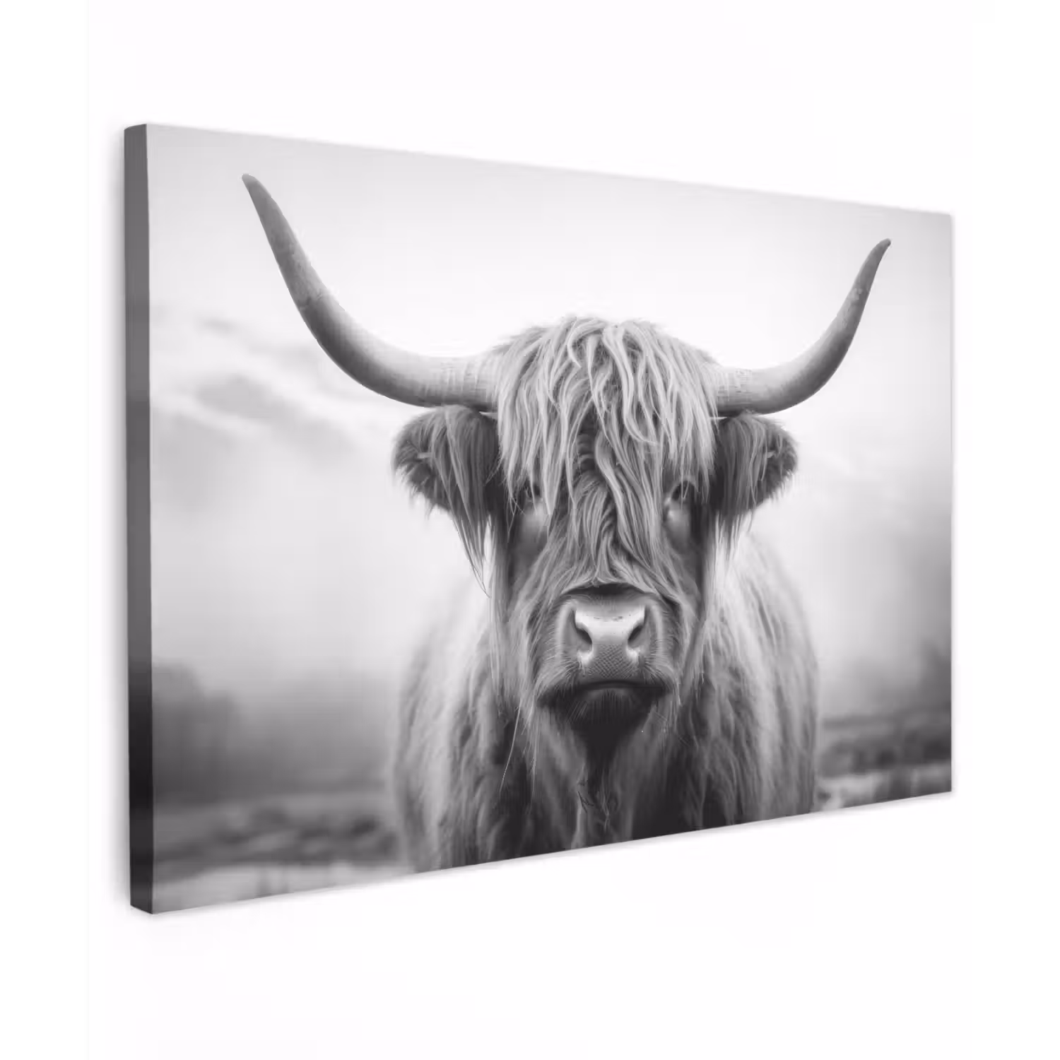 Schotse hooglander - Mist - Zwart - Wit Tuinposter op houten frame 2 cm dik klein -3d