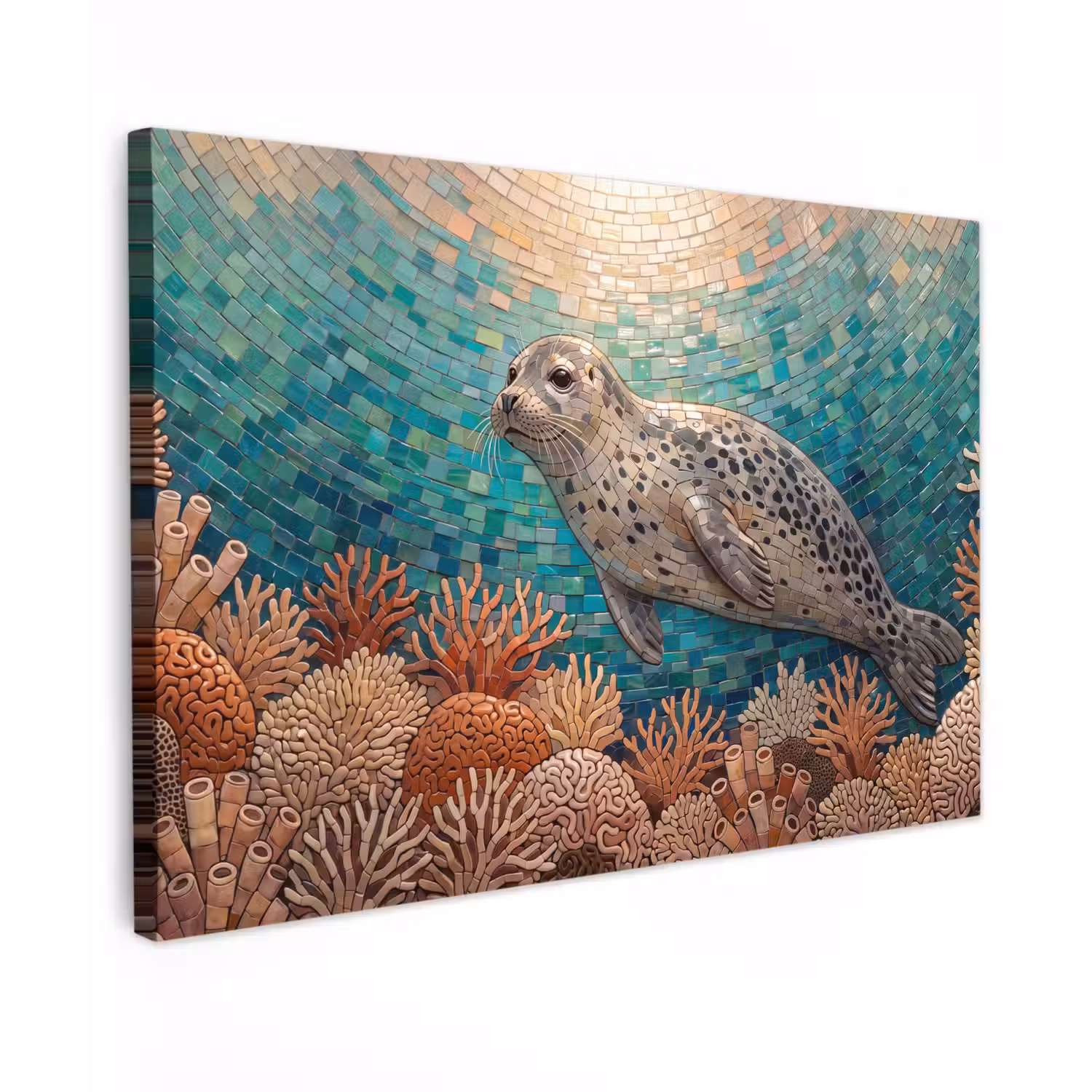 Zeehond - Mozaïek - Onderwater - Dieren - Blauw Tuinposter op houten frame 2 cm dik klein -3d