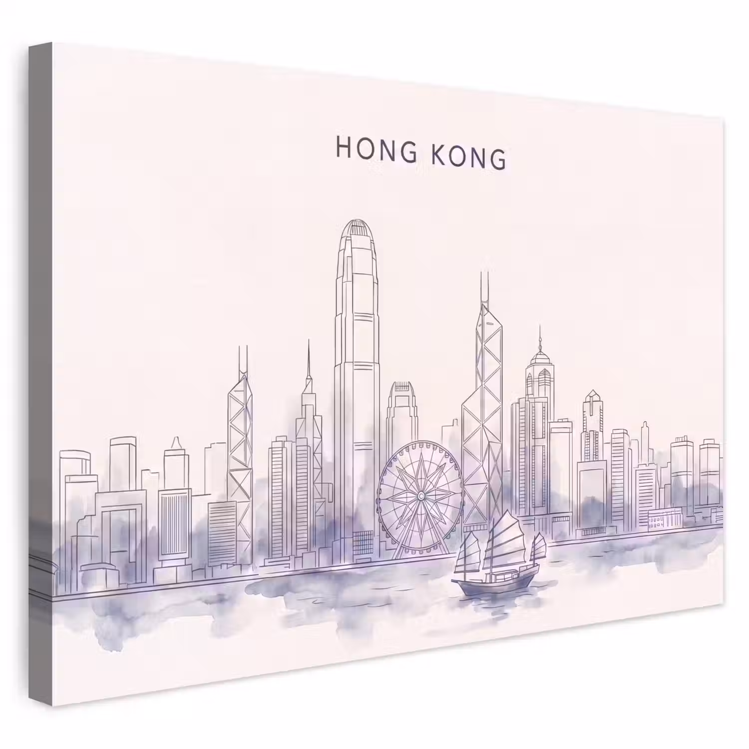 Stad - Skyline - Water - Lijntekening - Blauw Tuinposter op houten frame 2 cm dik klein -3d
