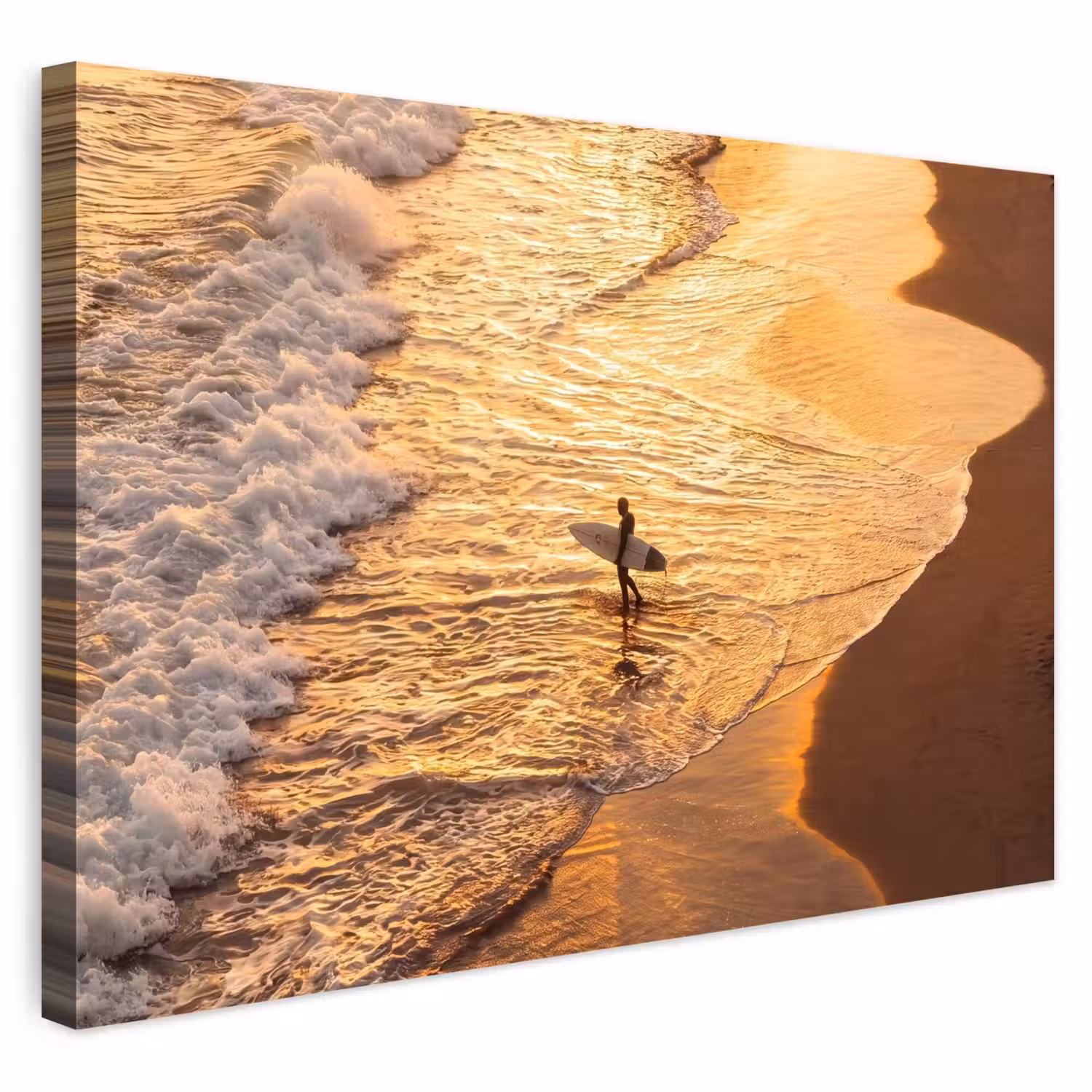 Surfer - Strand - Zonsondergang - Oceaan - Goud Tuinposter op houten frame 2 cm dik klein -3d