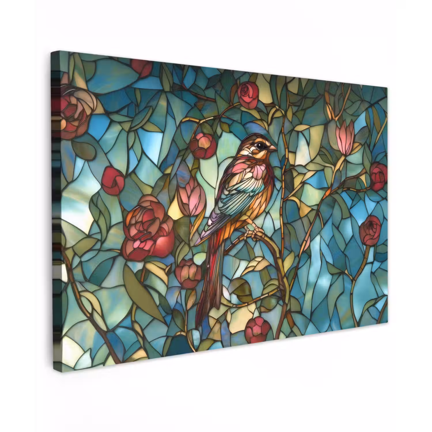 Vogel - Tak - Rozen - Mozaïek Tuinposter op houten frame 2 cm dik klein -3d