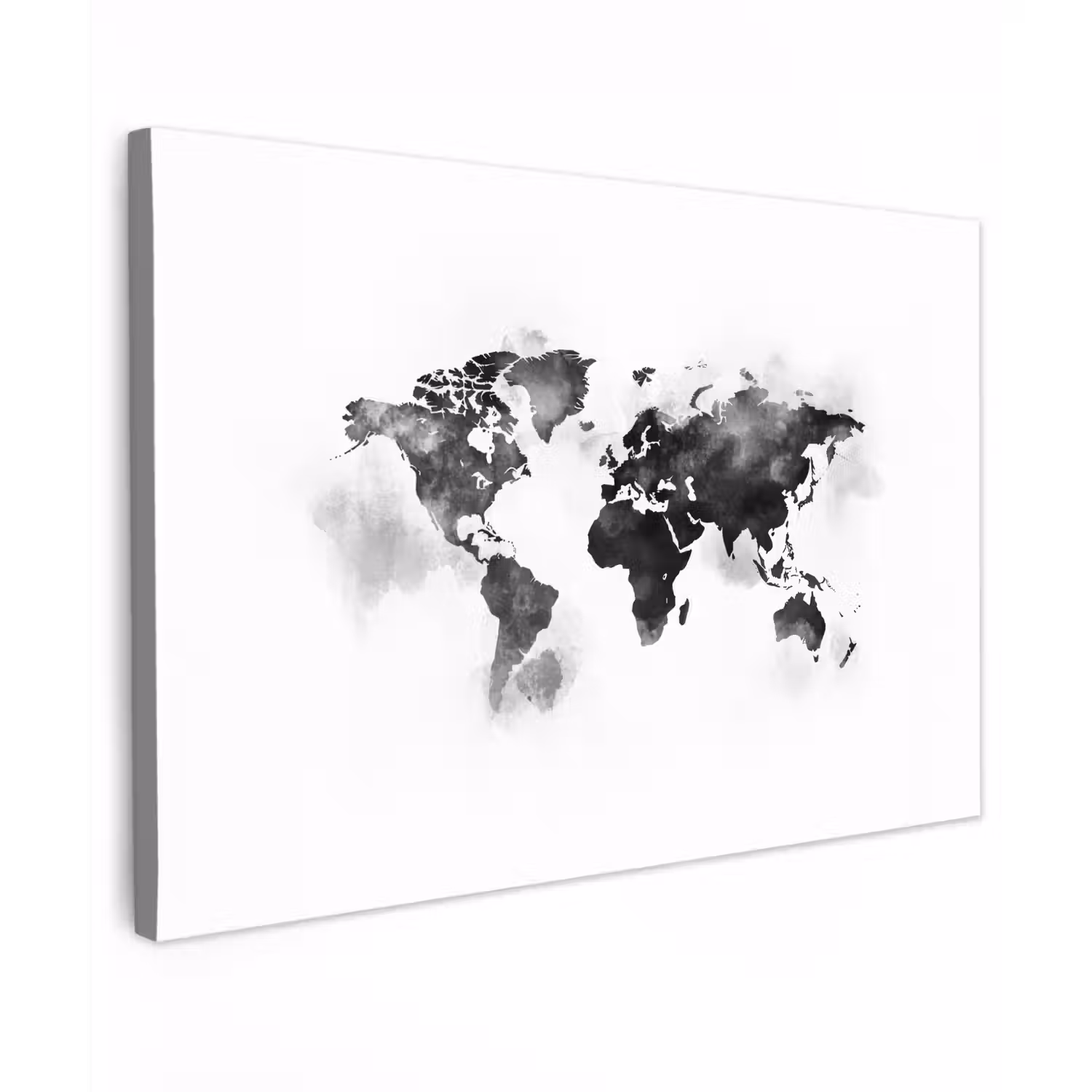 Wereldkaart - Waterverf - Zwart - Wit Tuinposter op houten frame 2 cm dik klein -3d