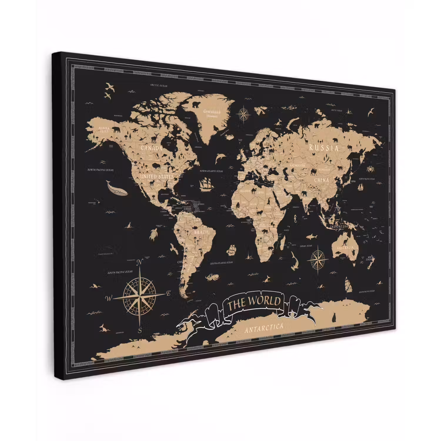 Wereldkaart - Beige - Zwart Tuinposter op houten frame 2 cm dik klein -3d