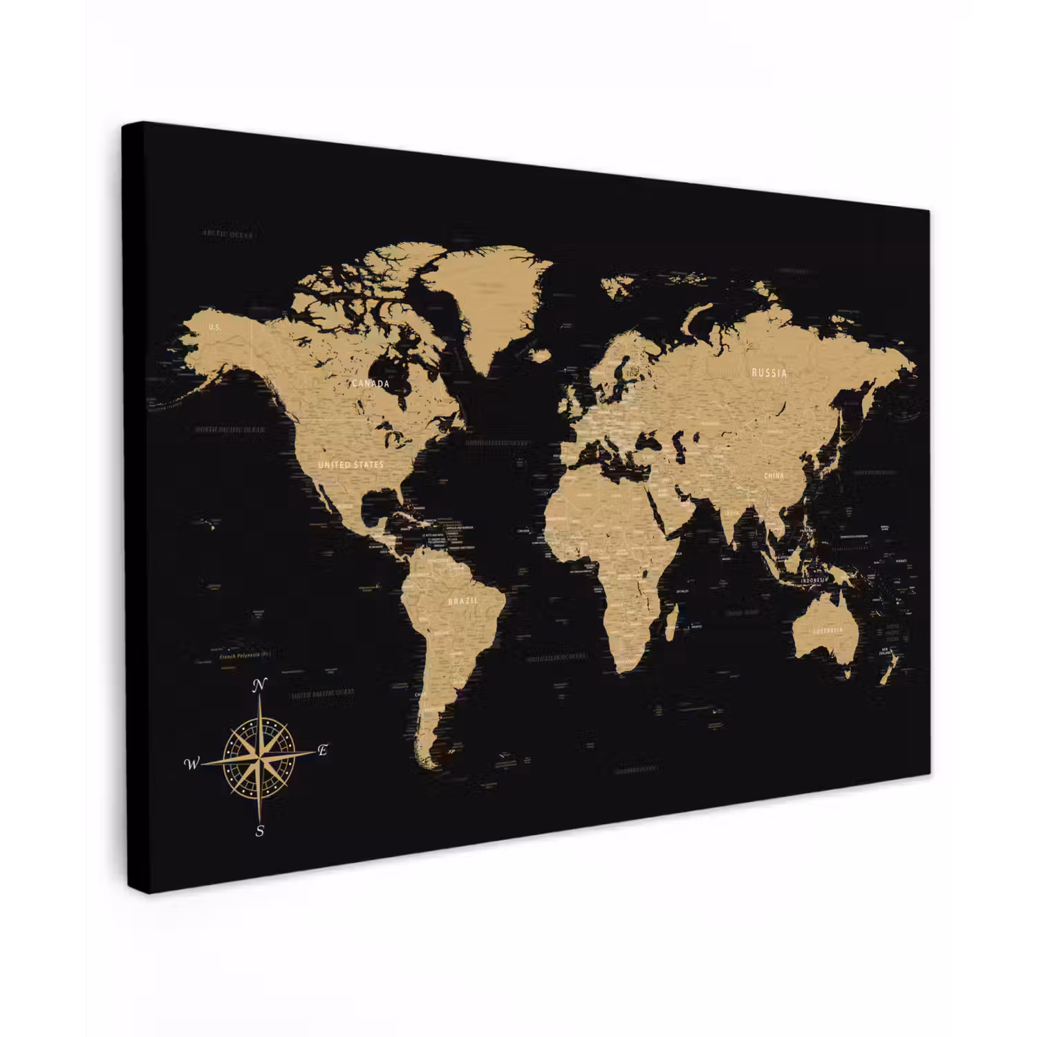 Wereldkaart - Beige - Zwart Tuinposter op houten frame 2 cm dik klein -3d