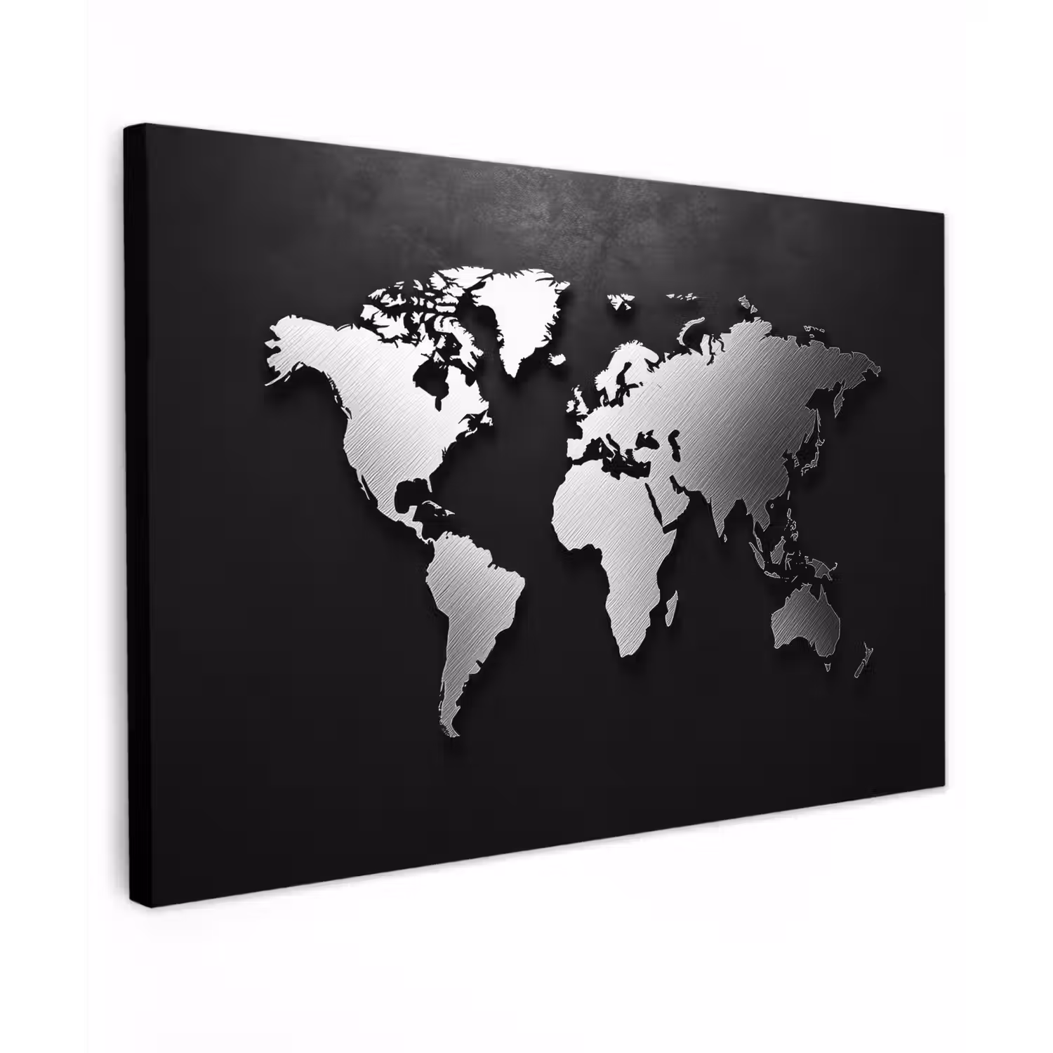 Wereldkaart - Donker - Zilver - Zwart Tuinposter op houten frame 2 cm dik klein -3d