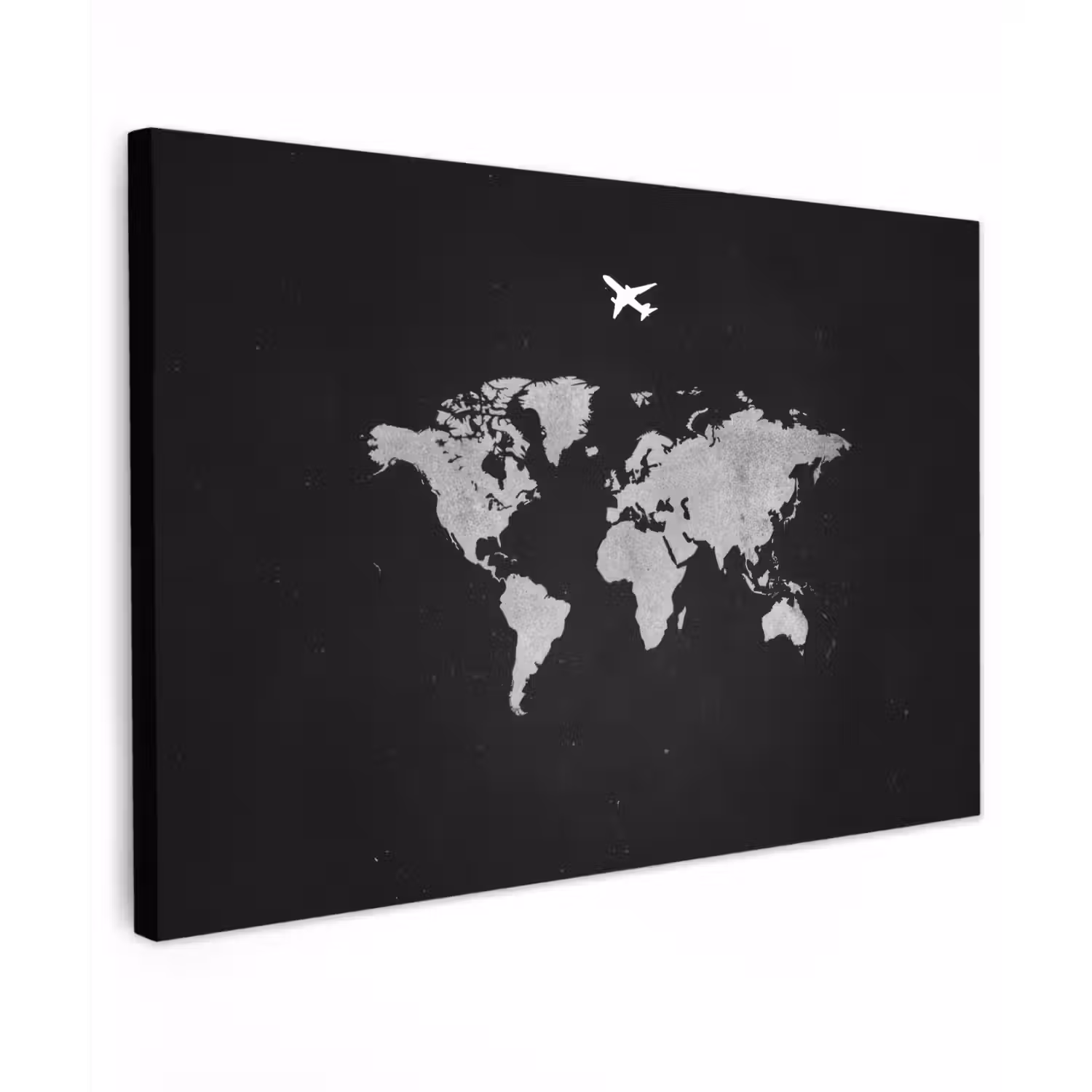 Wereldkaart - Vliegtuig - Zwart Tuinposter op houten frame 2 cm dik klein -3d